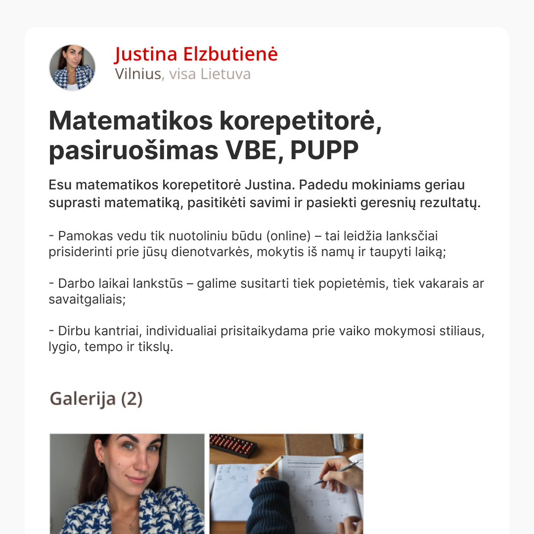 Korepetitorė Justina Elzbutienė Facebook ad: Išankstinė registracija