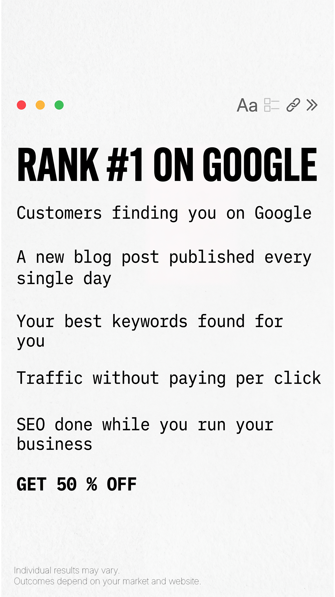 Soro SEO Facebook ad: Rank #1 on Google