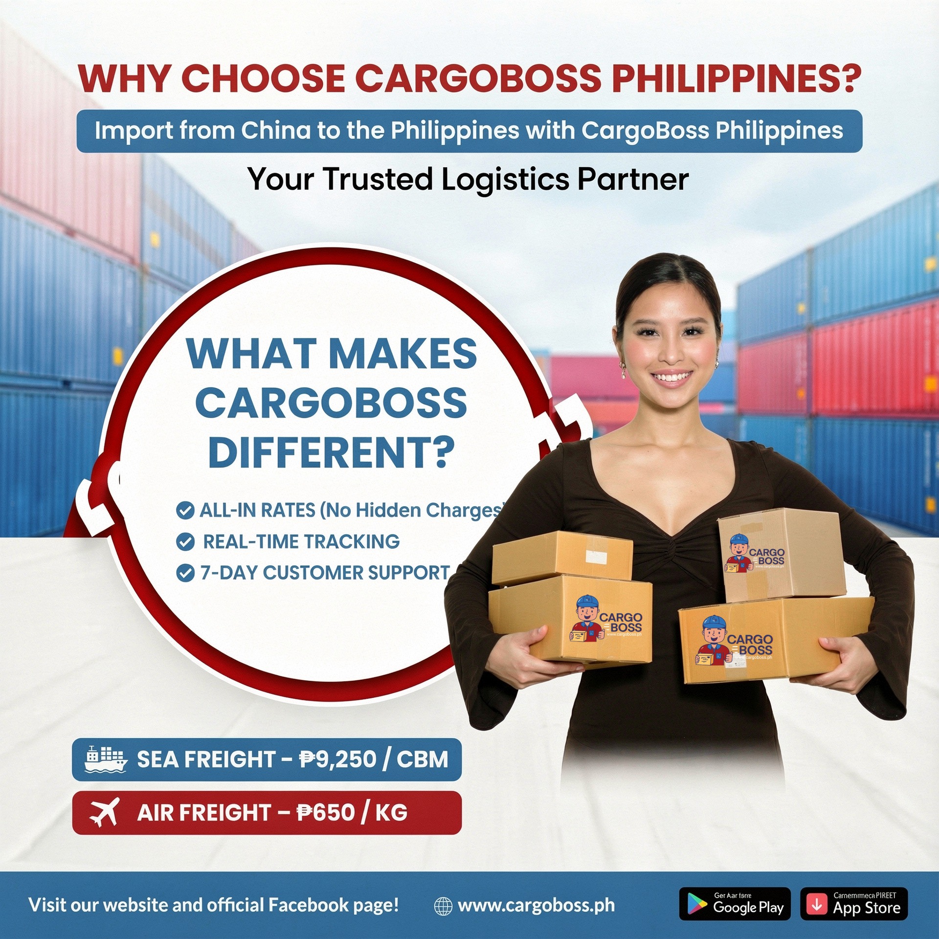 CargoBoss Philippines Facebook ad: 𝐈𝐦𝐩𝐨𝐫𝐭𝐢𝐧𝐠 𝐌𝐚𝐝𝐞 𝐄𝐚𝐬𝐲 𝐰𝐢𝐭𝐡…