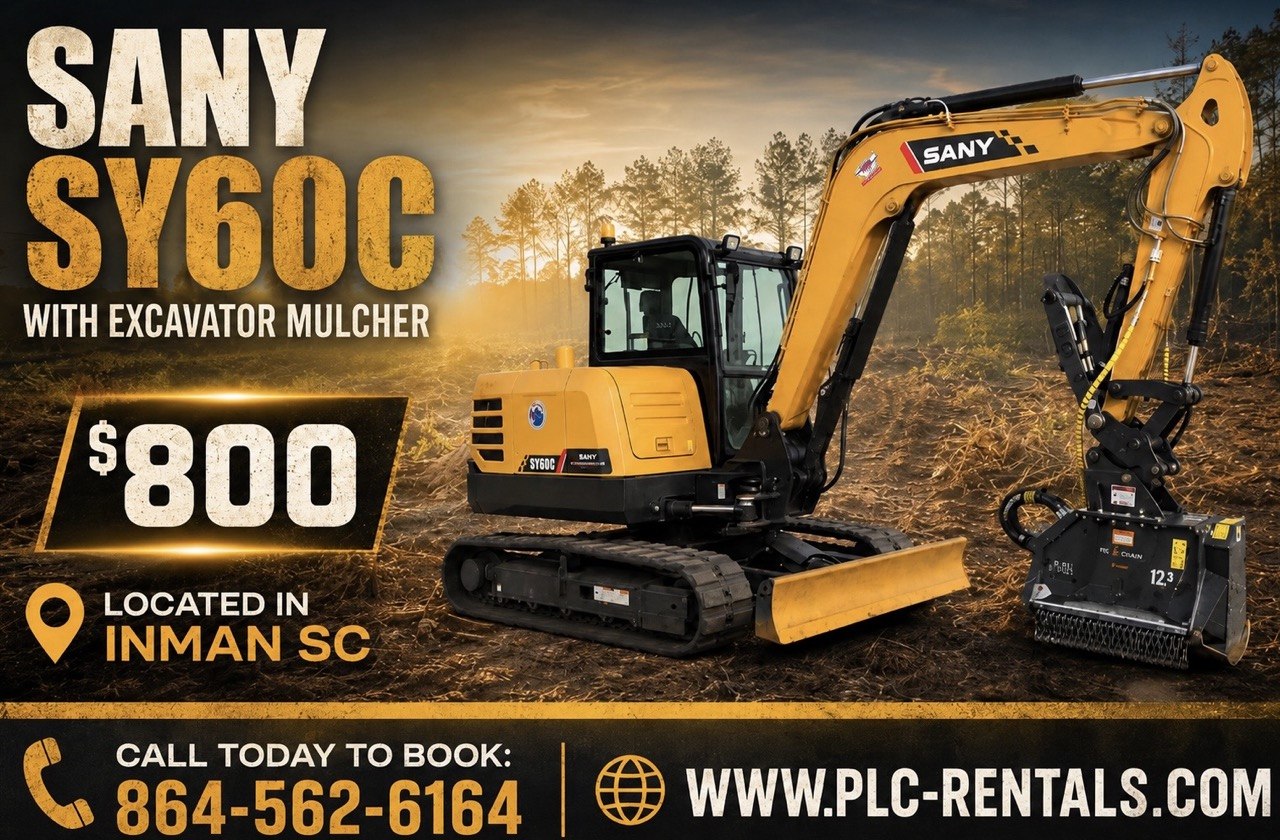 PLC Rentals Facebook ad: SANY SY60C Excavator Mulcher - $800/day