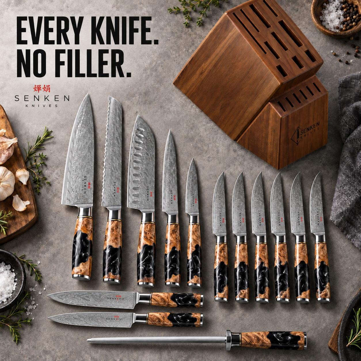 Senken Knives Facebook ad: Black Tsunami 16-Piece Knife Block Set