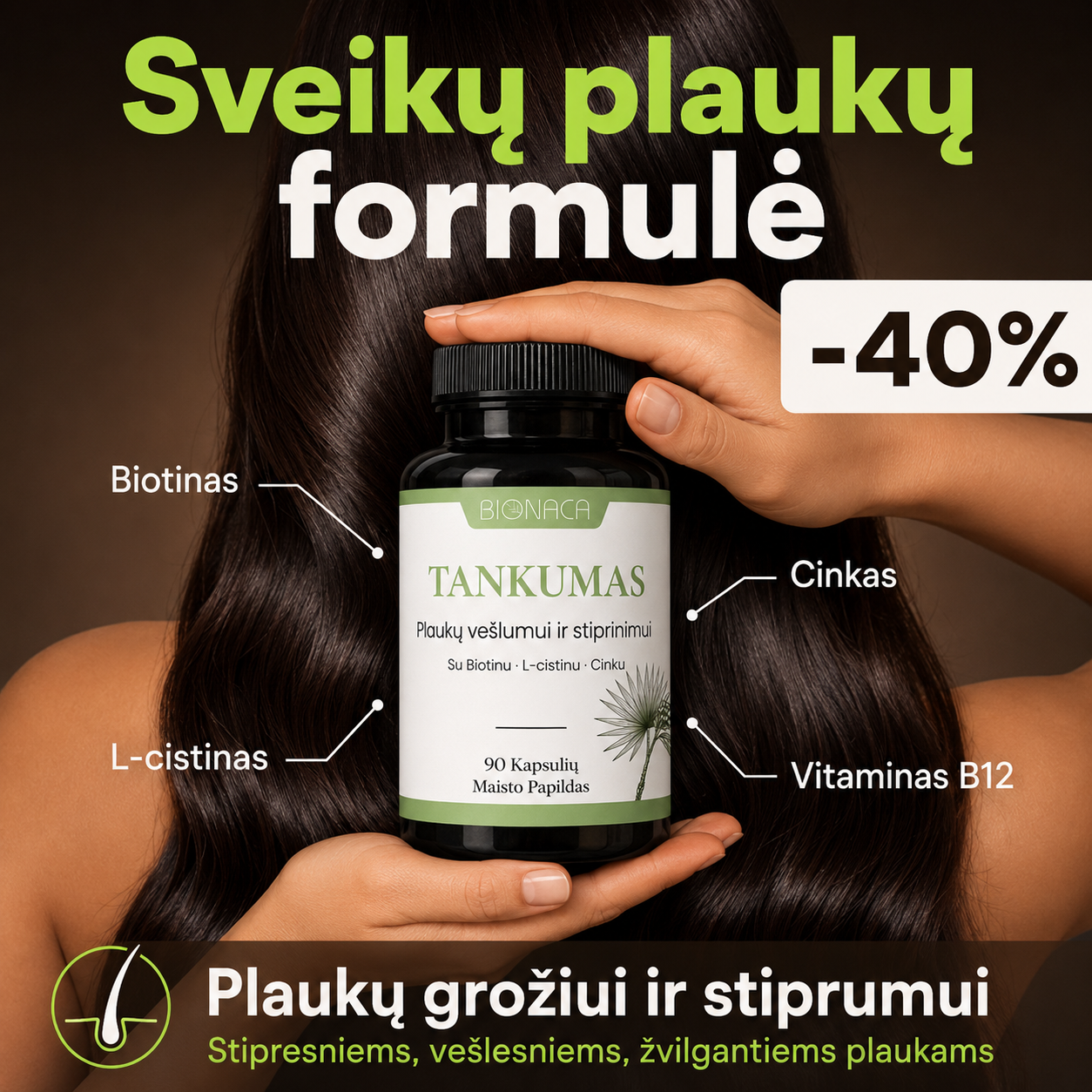 Bionaca Facebook ad: Sveikų plaukų formulė -40%