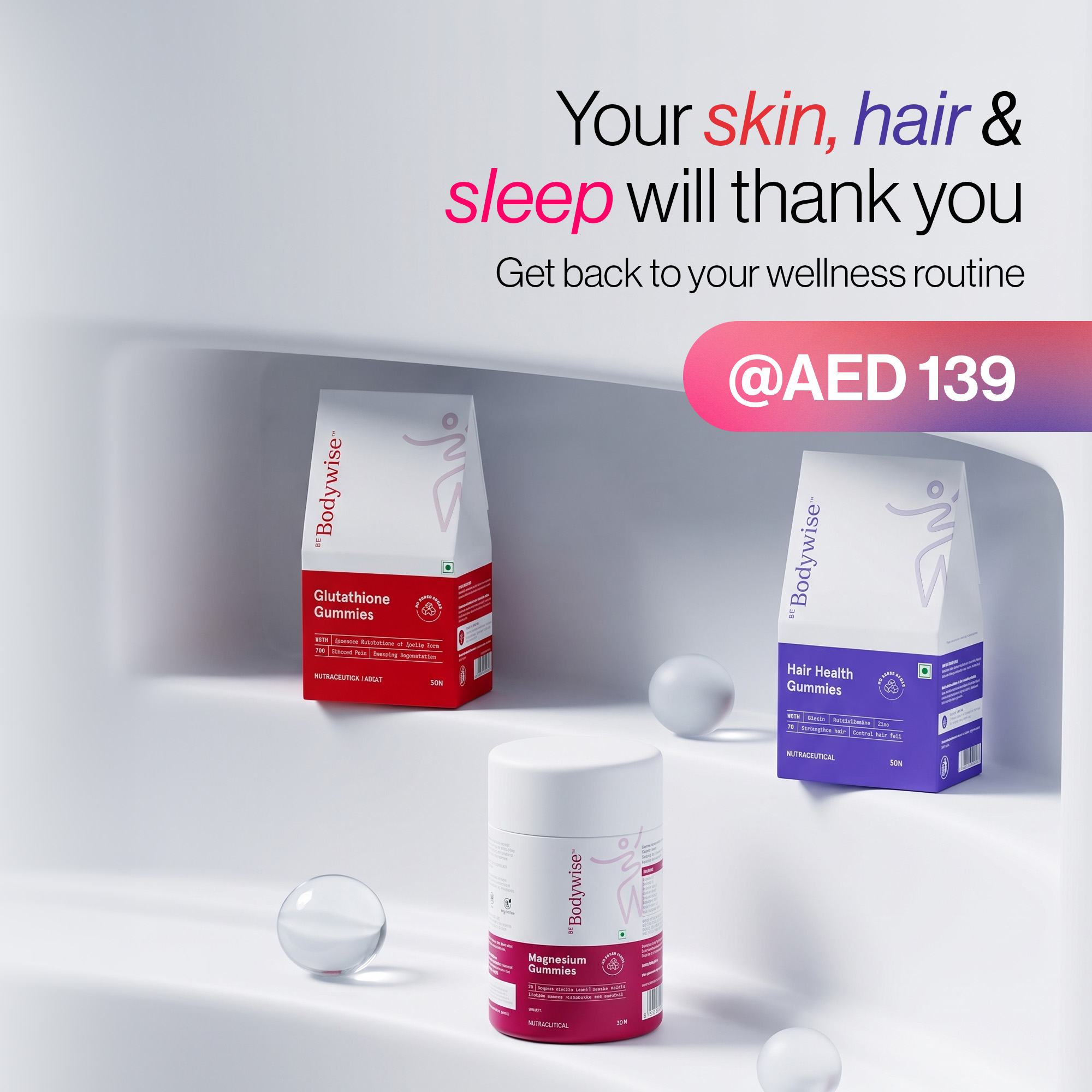 Be Bodywise AE Facebook ad: 3 Gummies. AED 139.