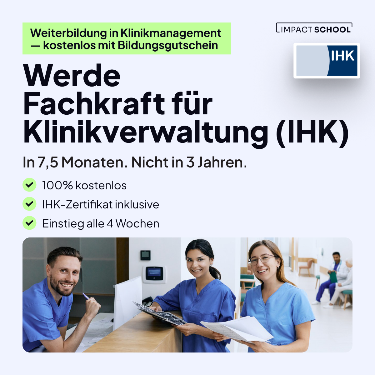 Impactschool.de Facebook ad: Klinikmanagement, ohne Medizin-Vorwissen