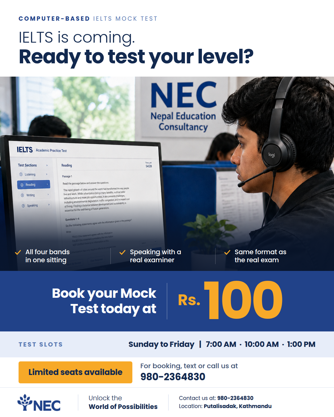 NEC - Nepal Education Consultancy Facebook ad: Full IELTS Mock Test at Rs. 100