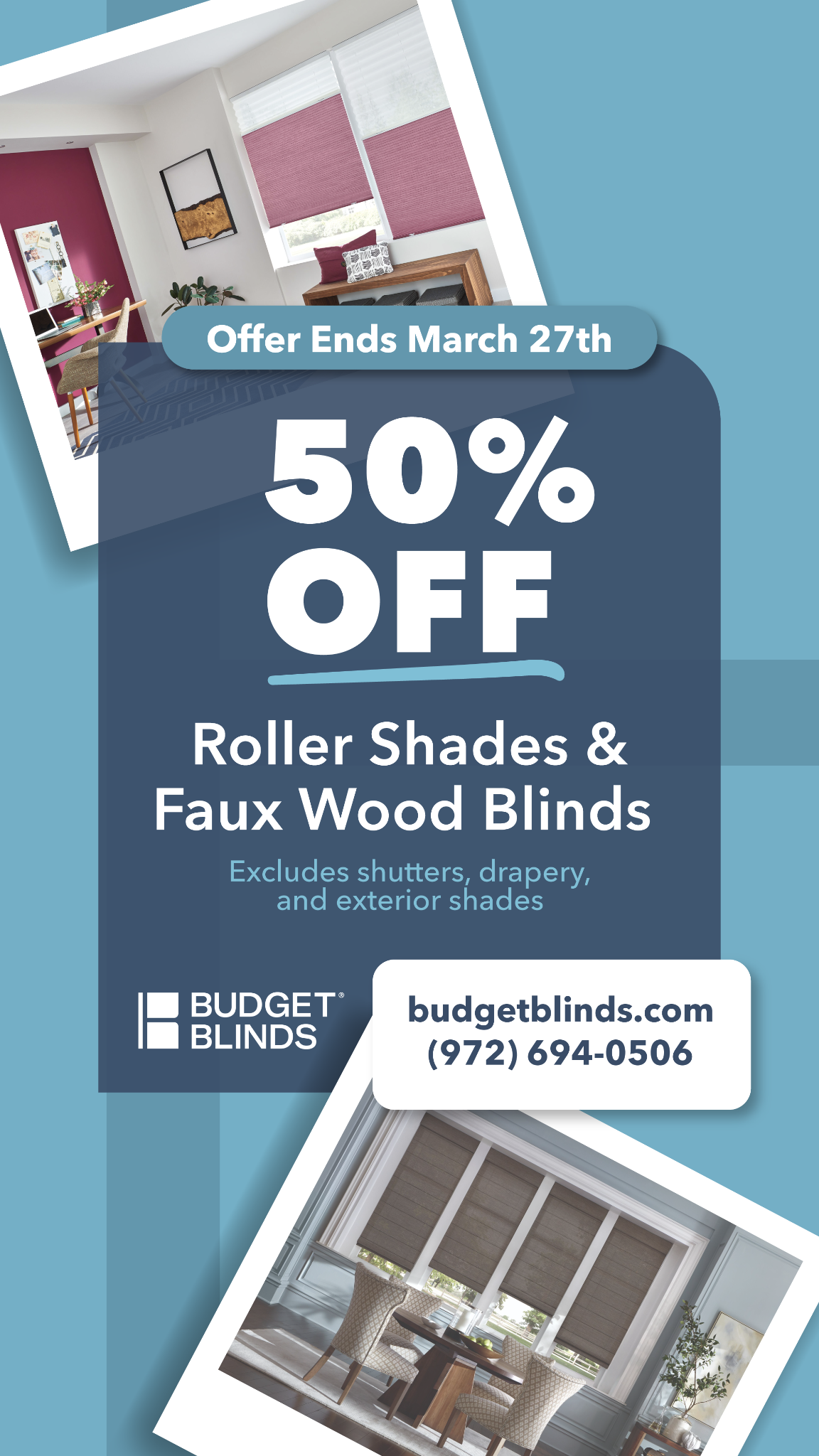 Budget Blinds of Rockwall, Terrell, and Greenville Facebook ad from Mar 2, 2026