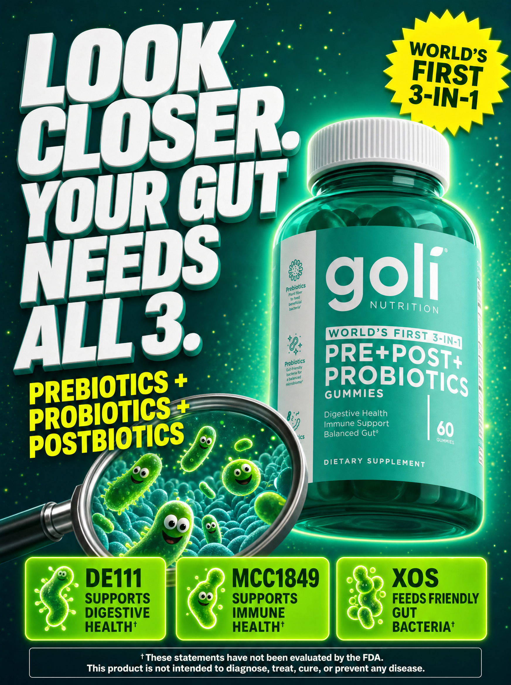 Goli Facebook ad: Three Biotics. One Gummy. World's First.