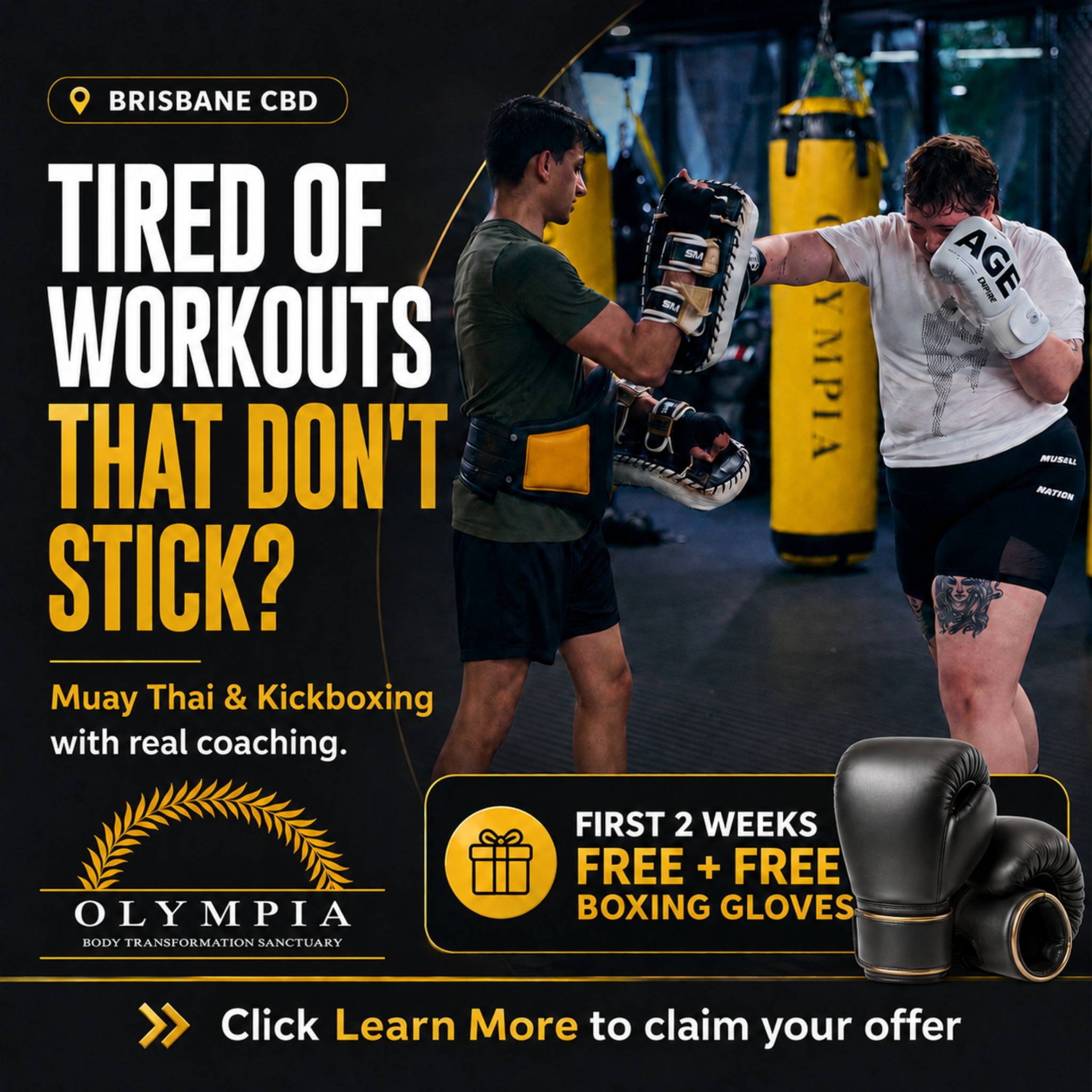 Olympia Transformations - Brisbane CBD Facebook ad: Train Free For 7 Days - Muay Thai Brisbane CBD.