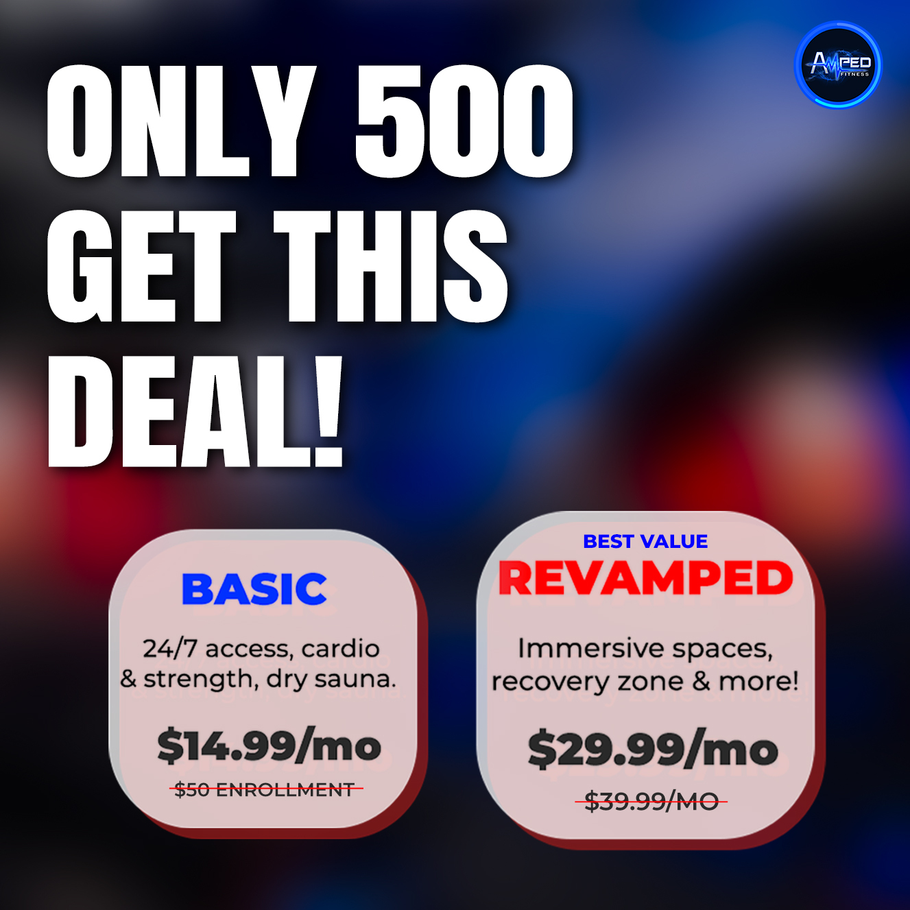 Amped Fitness Facebook ad: Founder’s Rates Just Dropped