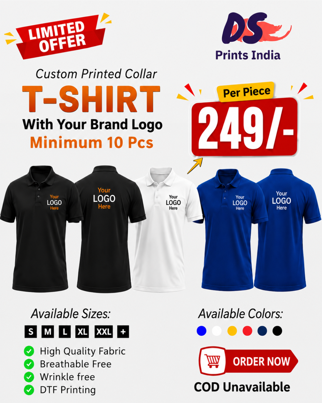 DS Prints India Facebook ad: Custom Logo T-Shirts @ ₹249/Piece