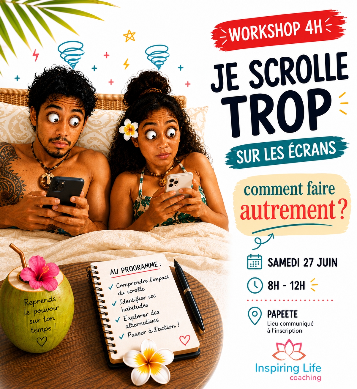 Inspiring Life Coaching - by Manu Facebook ad: Atelier Je scrolle trop