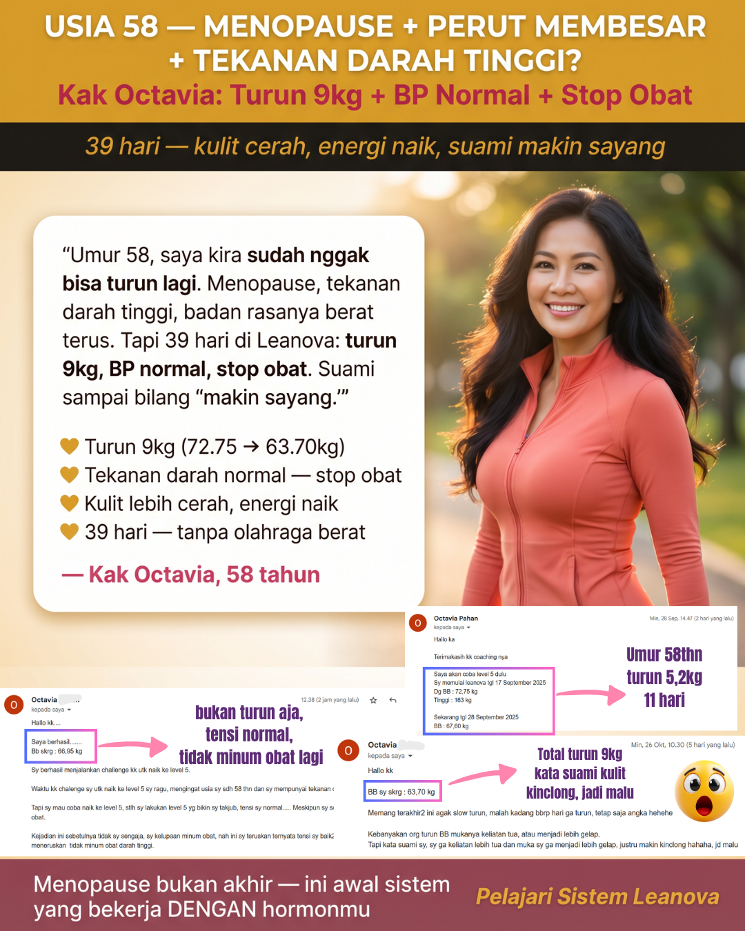 Leanova Natural Facebook ad: 58 Tahun, Turun 9kg + Stop Obat