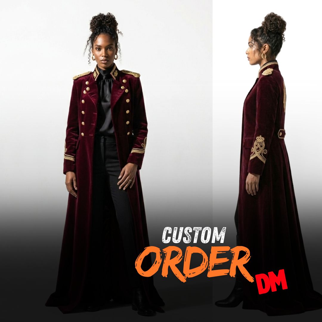 Custom Fashion Store Facebook ad: Burgundy Velvet Officer Coat, Statement Luxury