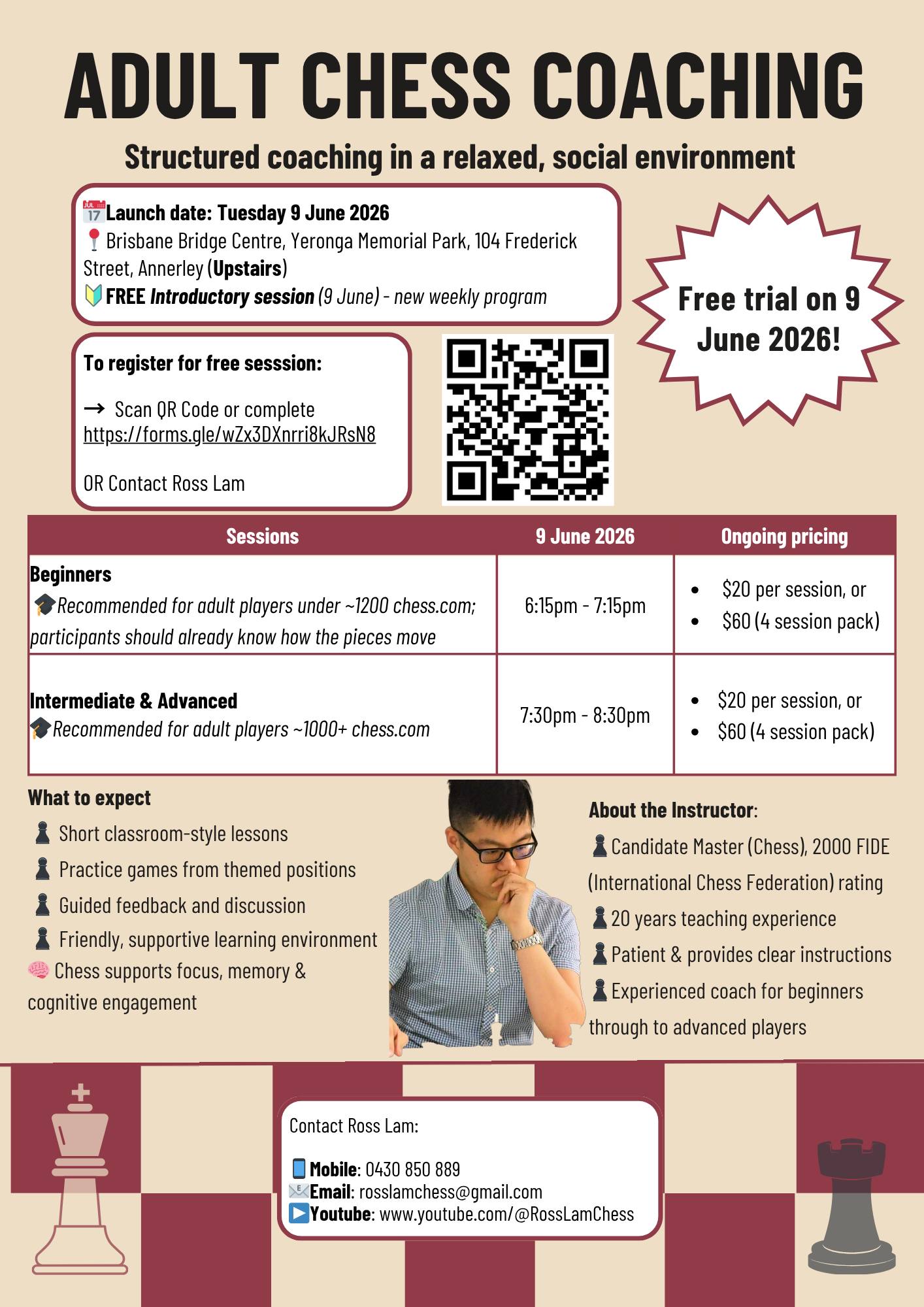 Ross Lam Chess Facebook ad: Adult Chess Coaching, Tuesday Evening (Annerley) | Free…