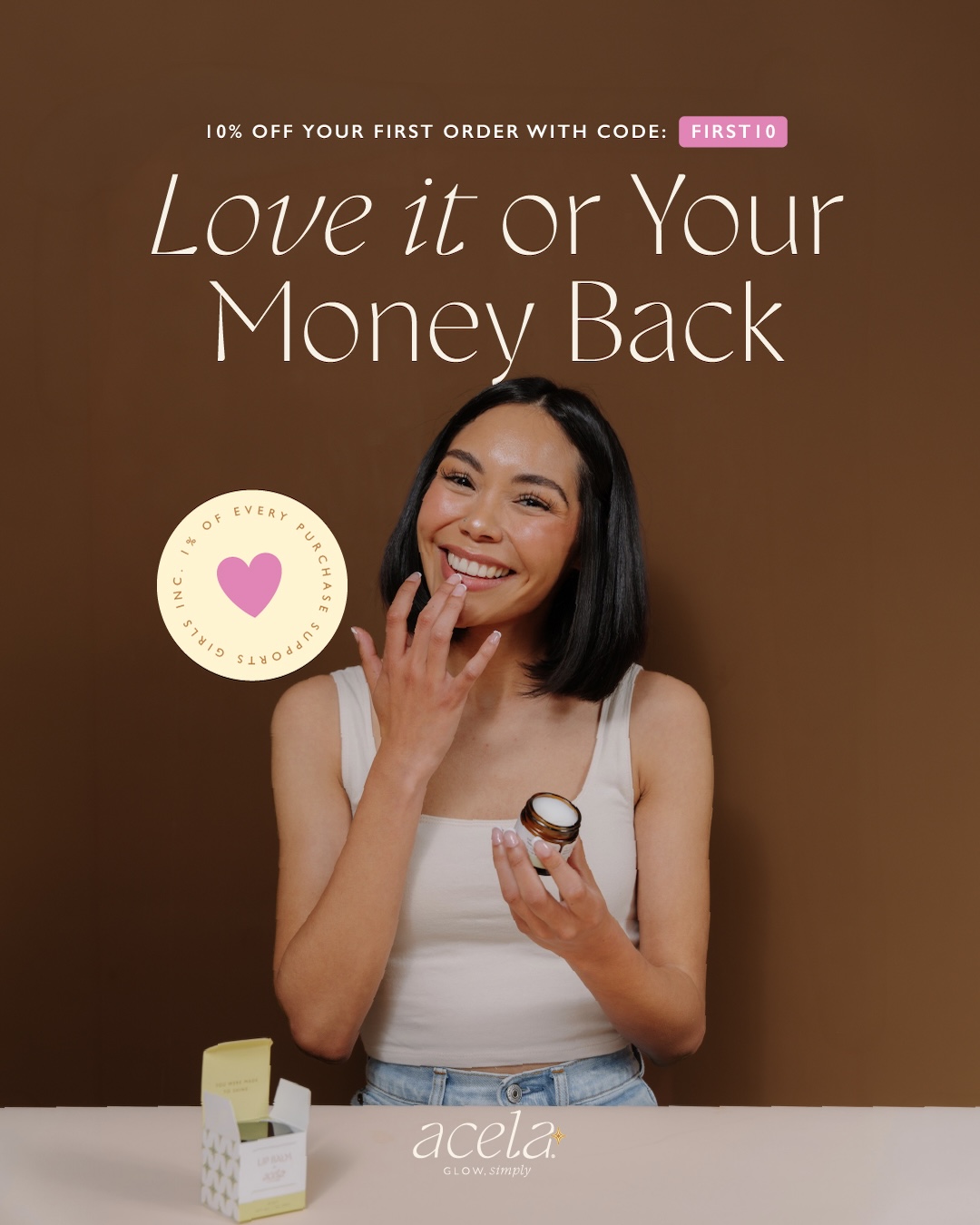 Acela Skincare Facebook ad: Your First Order, 10% Off.
