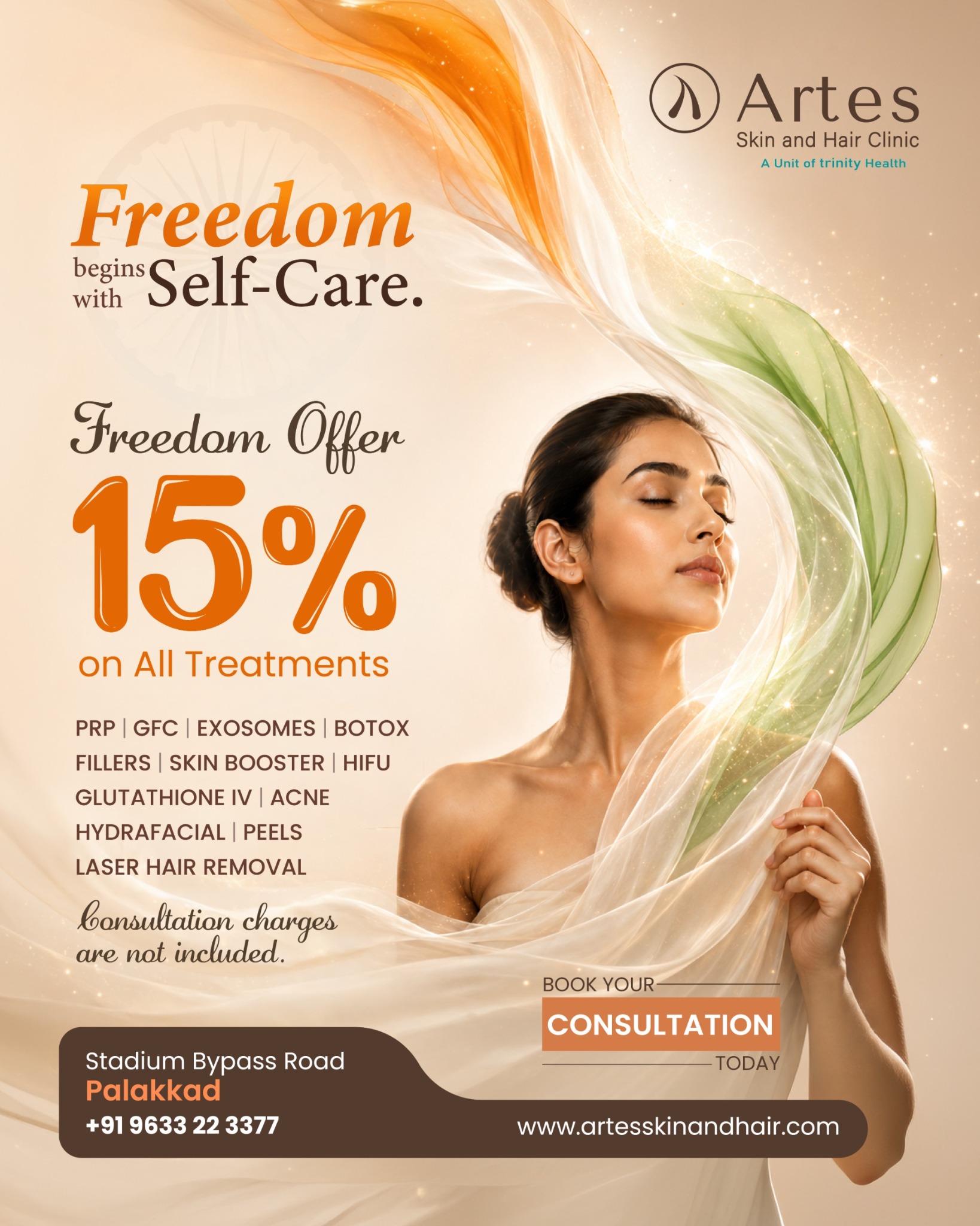 Artes Skin & Hair Clinic Facebook ad: Freedom Offer, 15% OFF on All Treatments