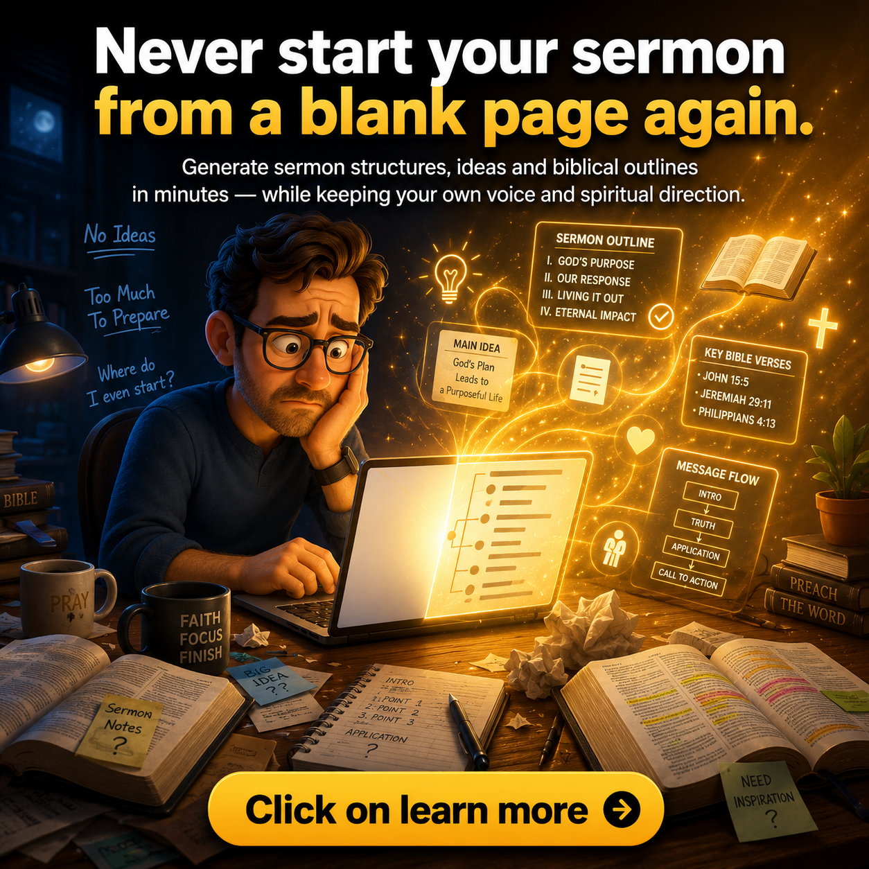 Sermon In Minutes Facebook ad: Never Start From a Blank Page Again