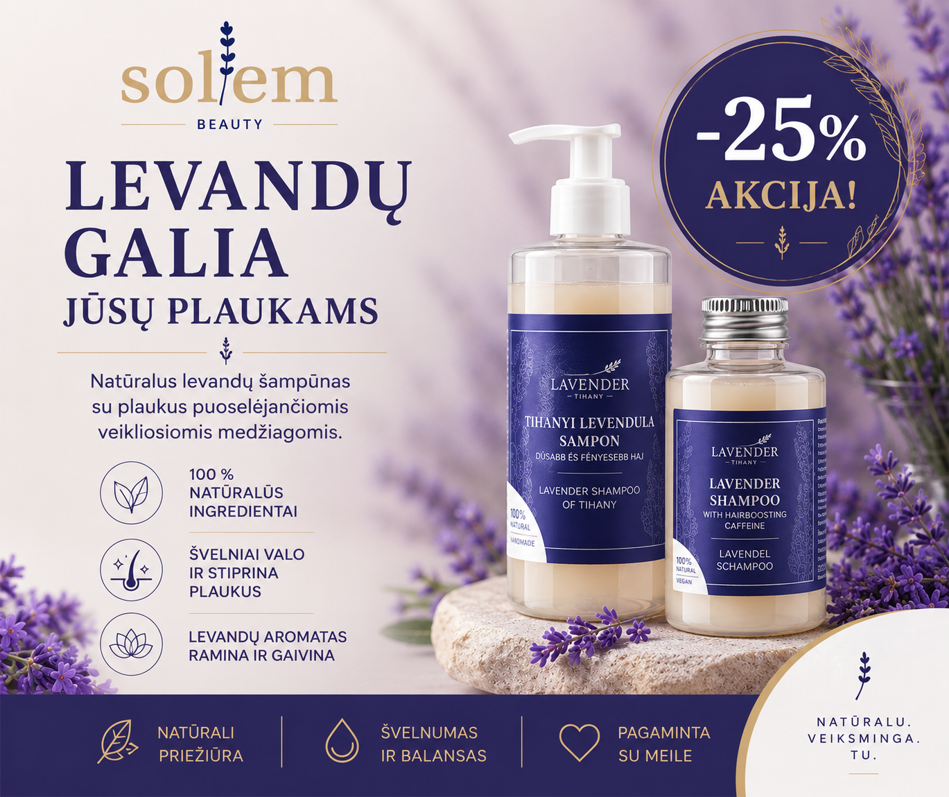 Solembeauty - natūrali levandų kosmetika Facebook ad: Šampūnas iš 100 % gryno levandų eterinio aliejaus