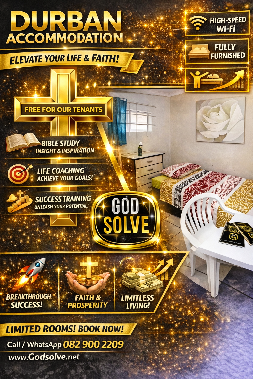 Student Accommodation in Durban - GodSolve Facebook ad: Bible Study, Life Coaching & Strict 6 PM Curfew.