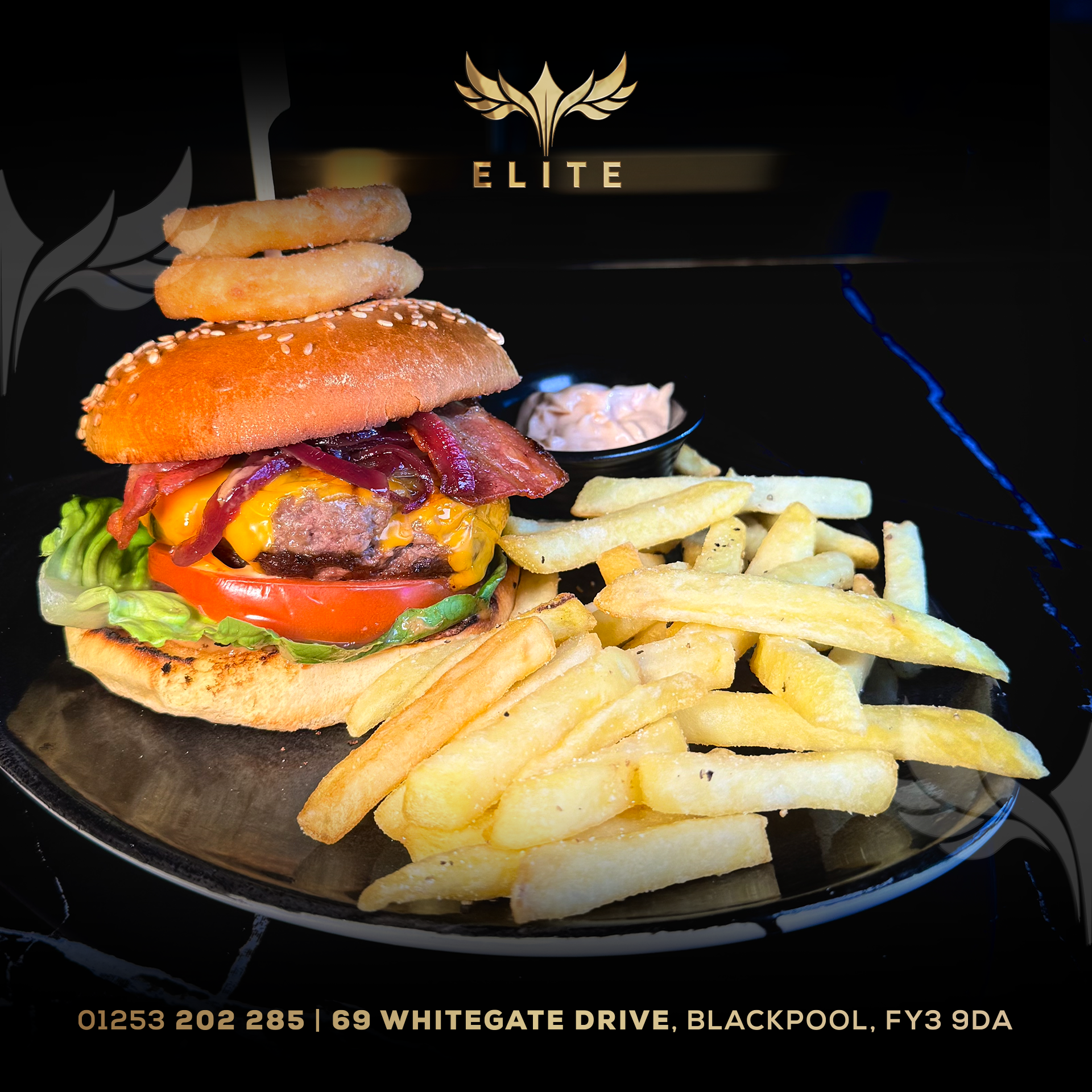 Elite Lounge & Restaurant Facebook ad: STOP SCROLLING. Blackpool’s most irresistible burgers have…