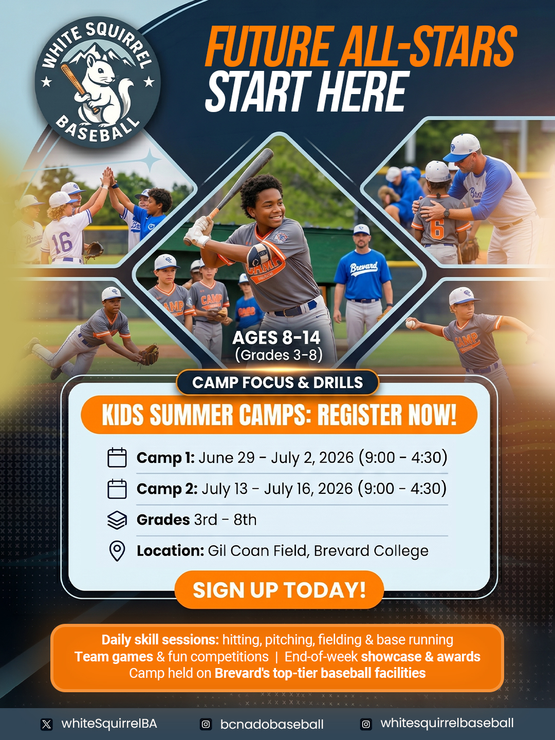White Squirrel Baseball Academy Facebook ad: Youth Baseball Camps Open Now
