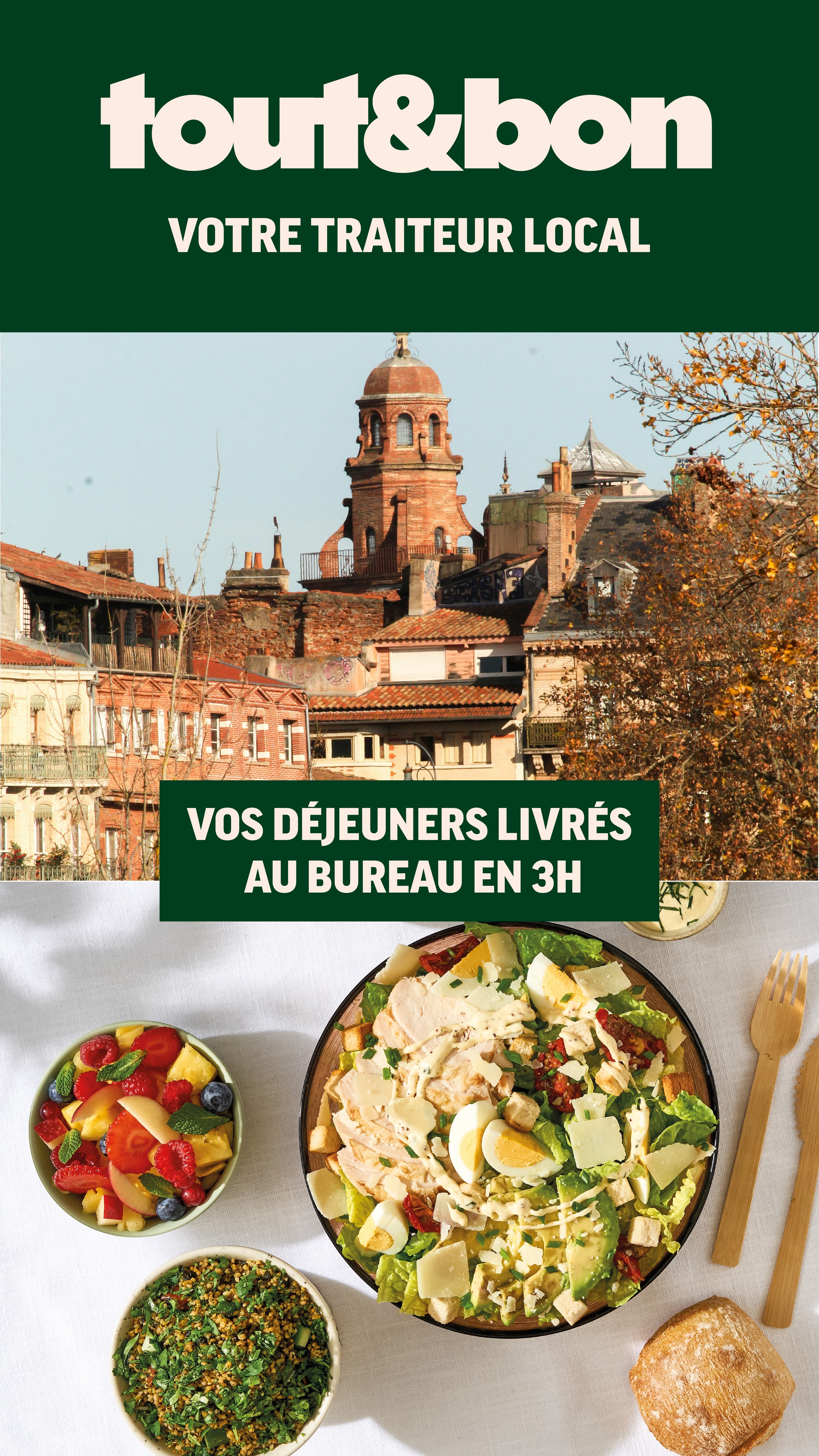 Tout&Bon Facebook ad: Plateaux repas livrés en 3h à Toulouse!