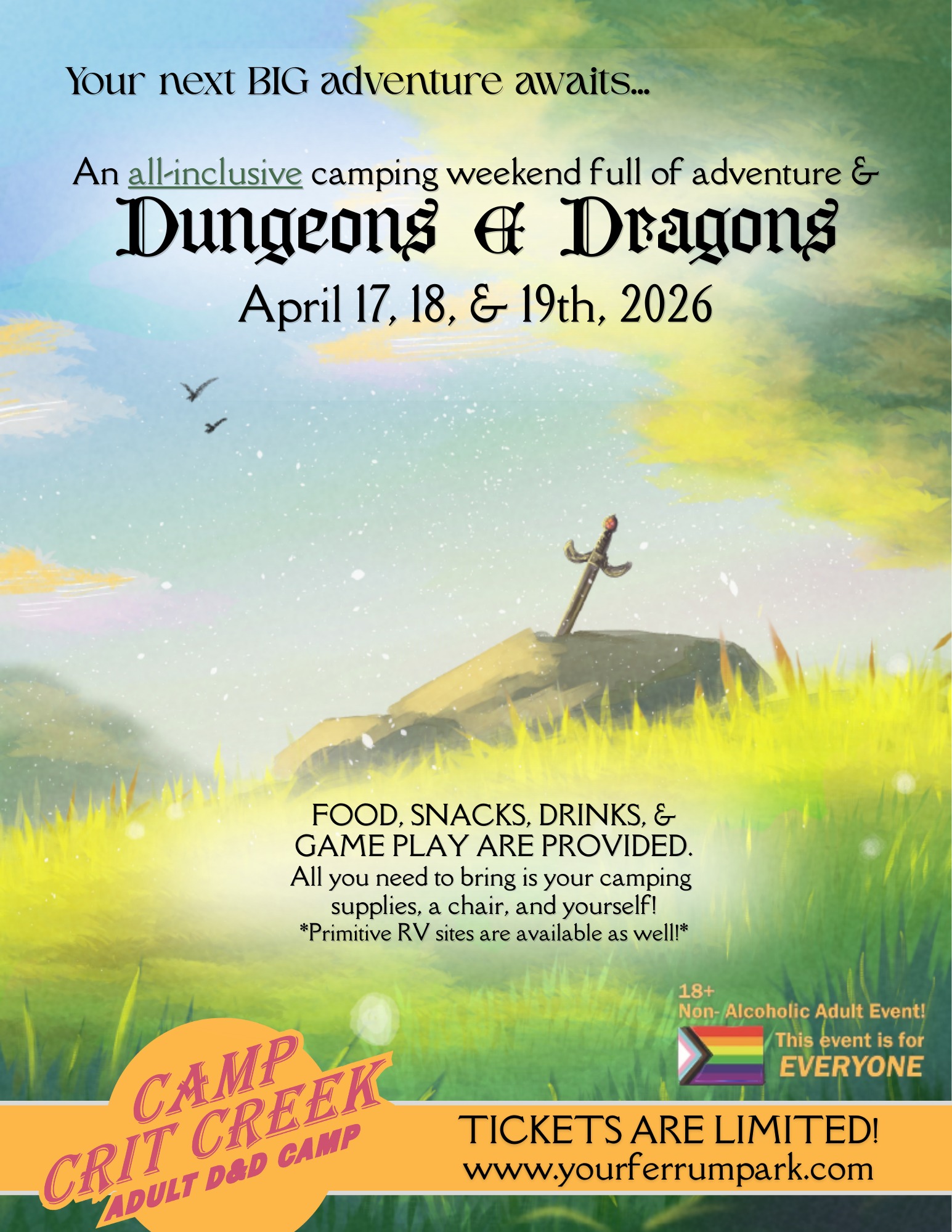 Ferrum Park Facebook ad: Camp CritCreek Adult D&D Camp - April 2026