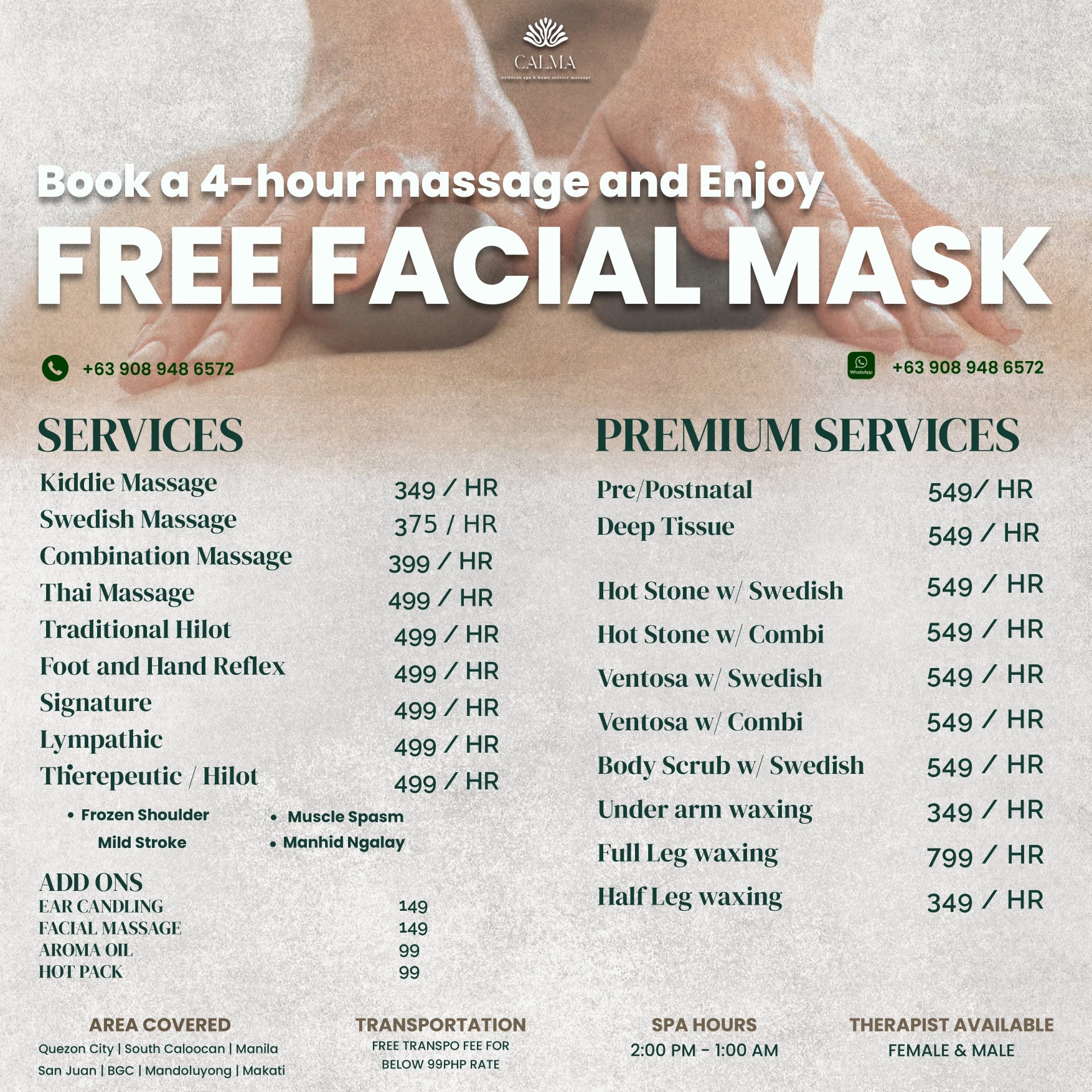 Calma Wellness Spa & Home Service Massage Facebook ad: Wondering which massage is right for you?