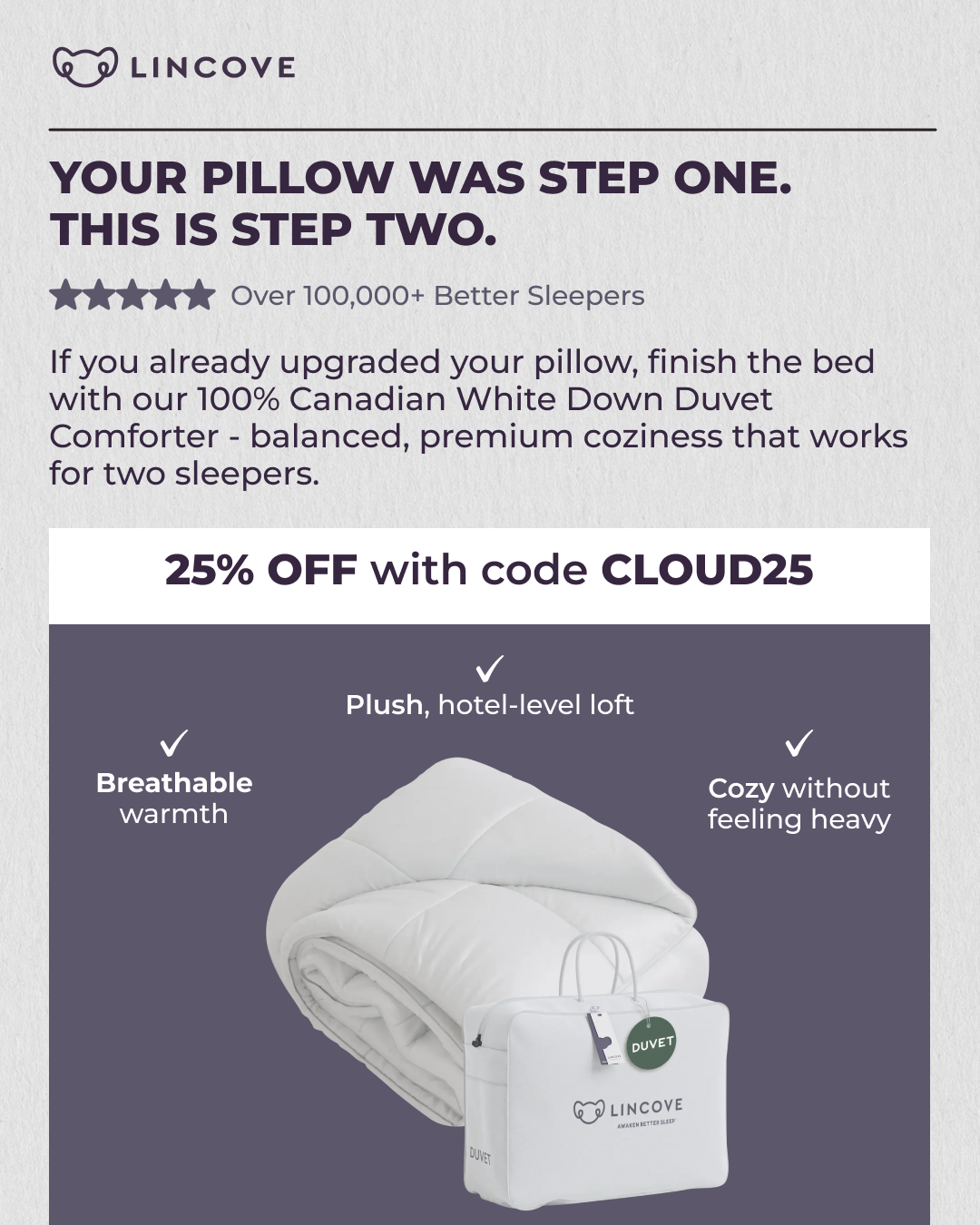 Lincove Facebook ad: Elevate Your Sleep with Canadian Down