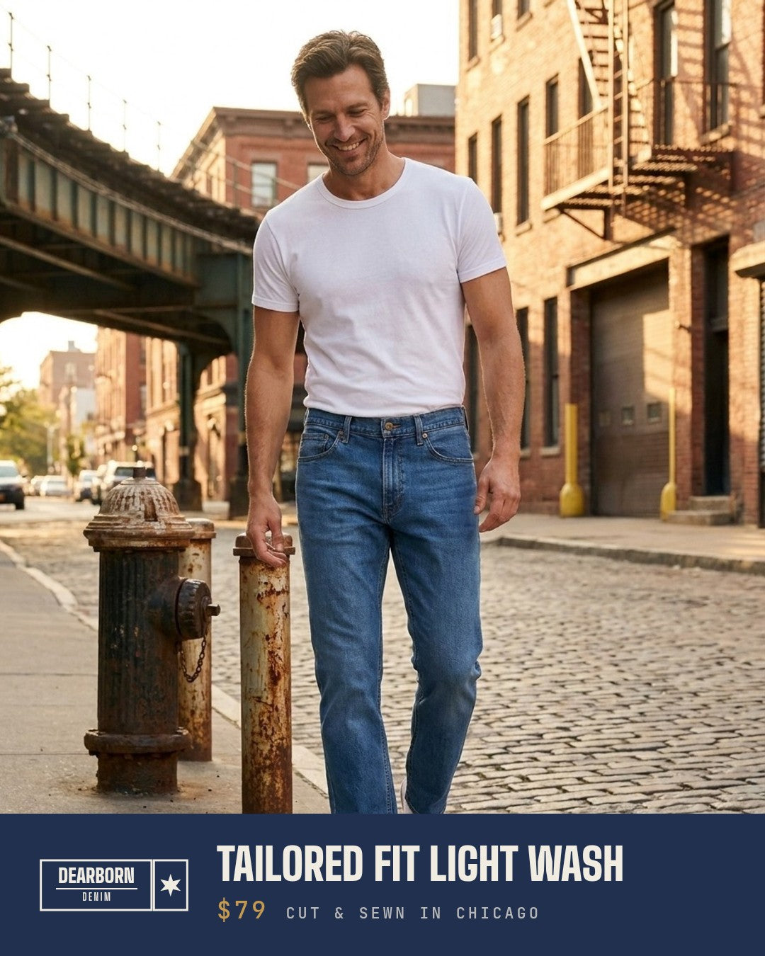 Dearborn Denim & Apparel Facebook ad: Stretch That Holds Its Shape.