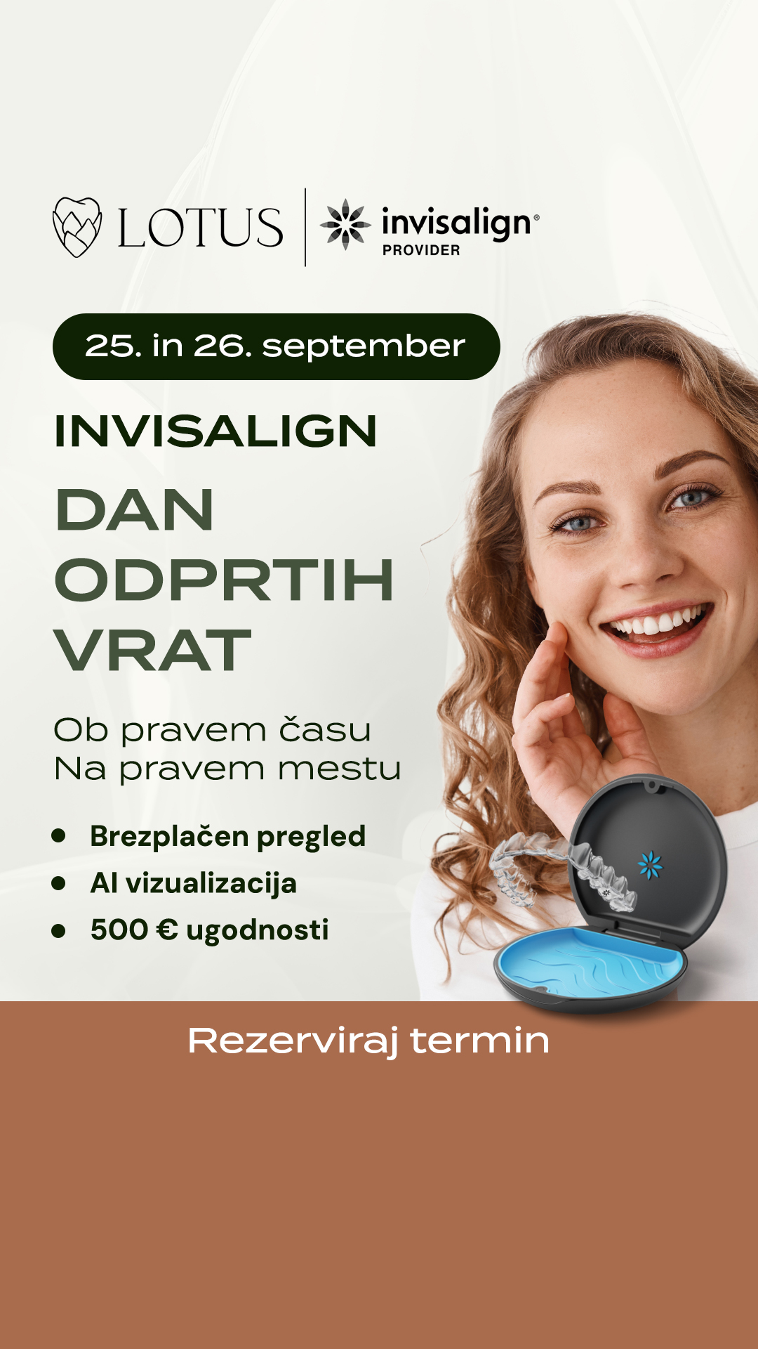 Lotus dentalni center Facebook ad: Brezplačni pregled za Invisalign + 500 € popusta