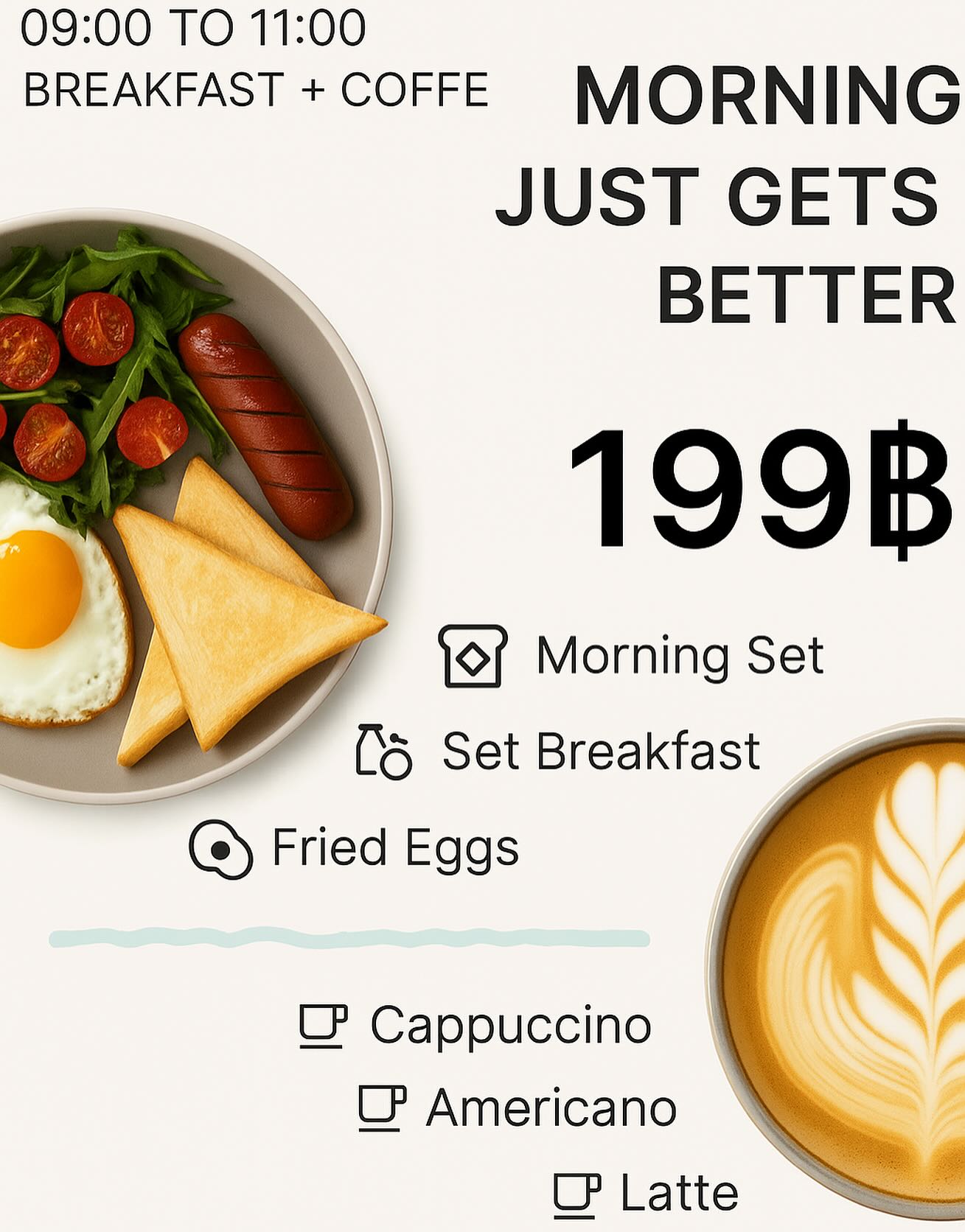 Nit Noi Coffee & more Facebook ad: Breakfast + coffee =199 THB