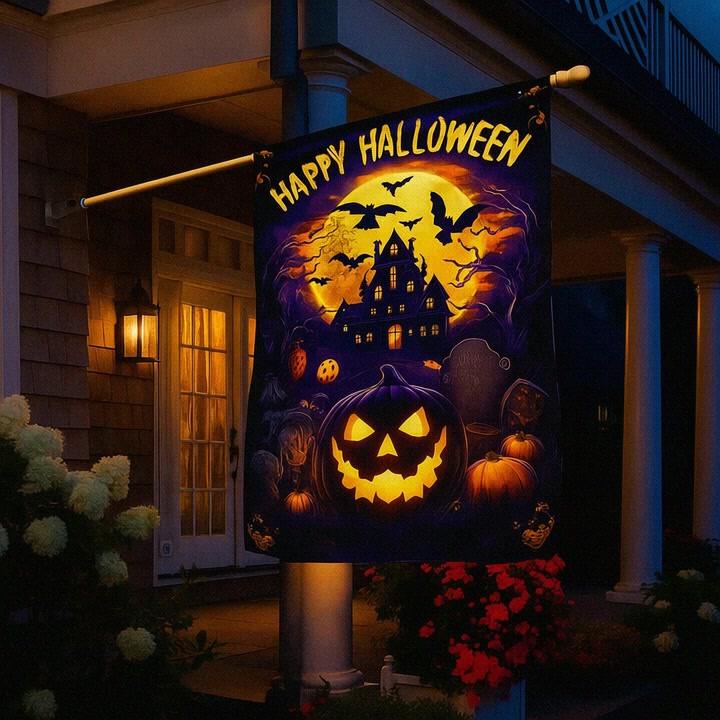 Unique Flags Facebook ad: Happy Halloween Pumpkin Flag, Spooky Fun for Your Yard!