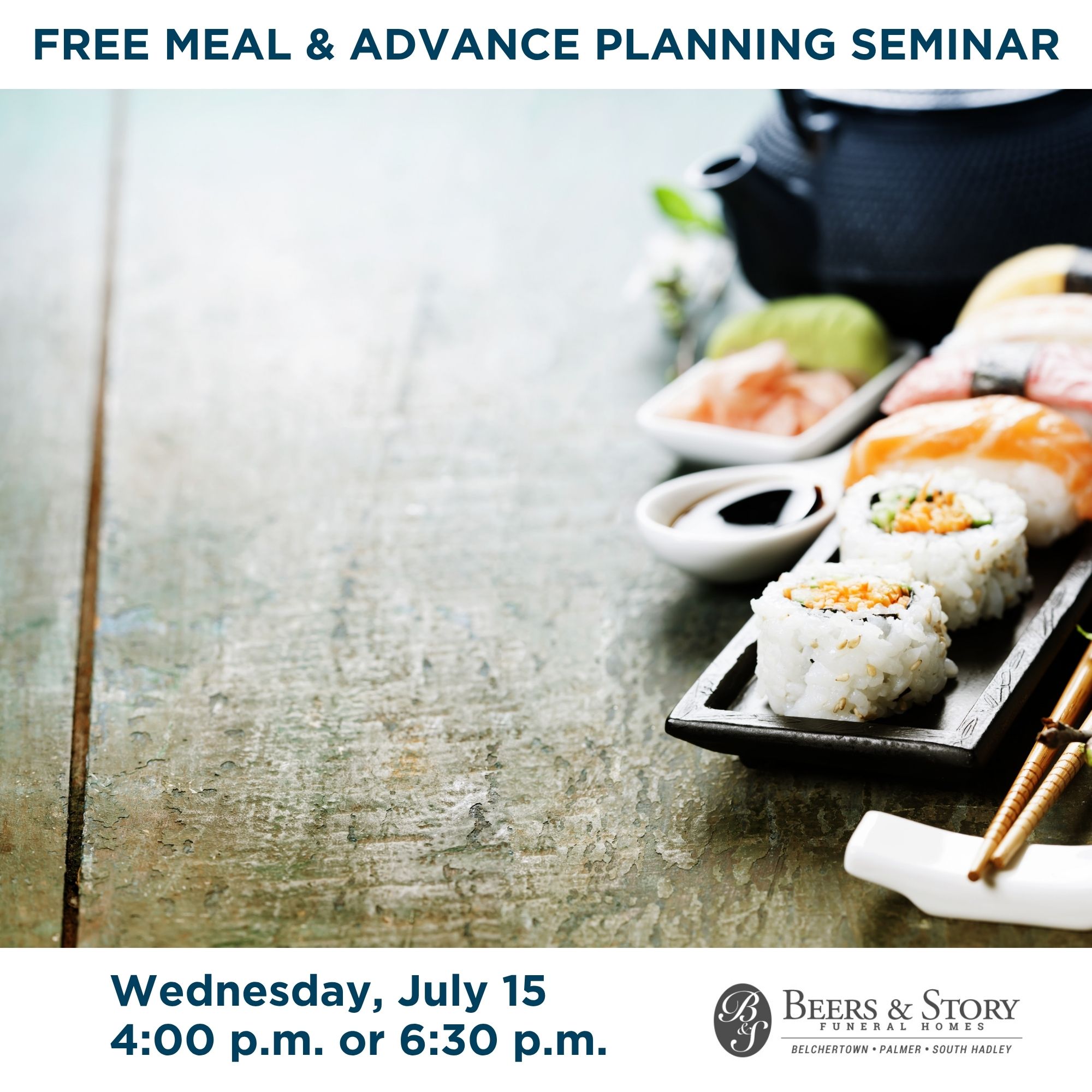 Beers and Story Funeral Homes and Life Tribute Centers Facebook ad: Free Meal + Planning Seminar 7/15