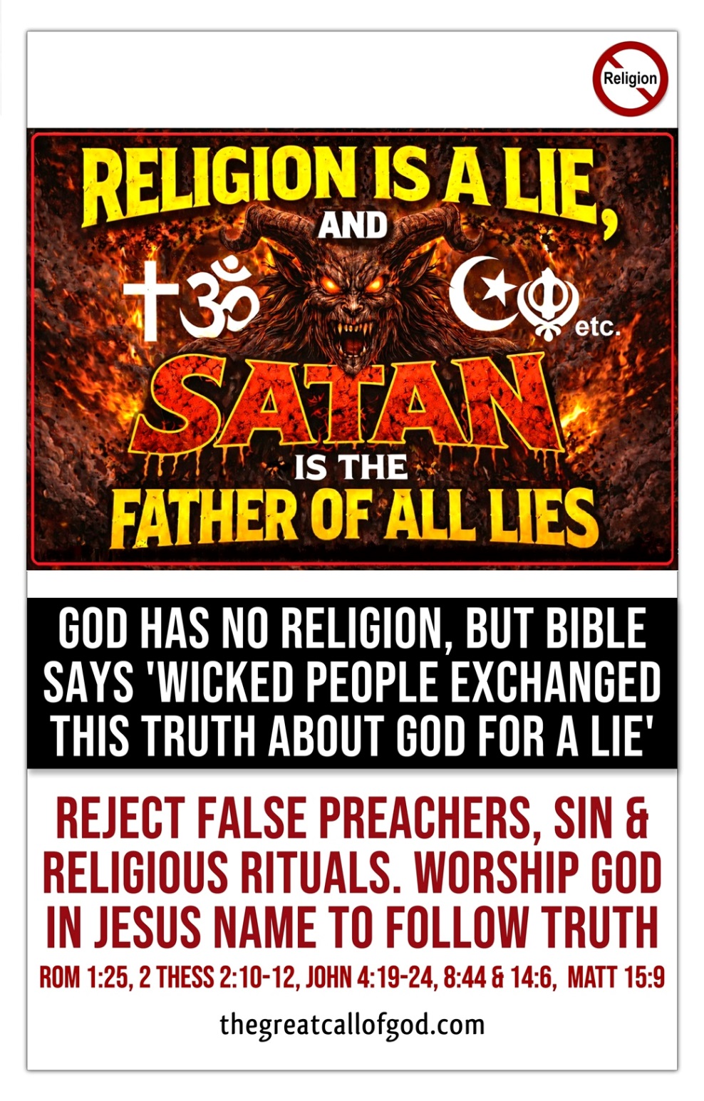 The Great Call of God Facebook ad: SATAN IS THE FATHER OF ALL RELIGIONS