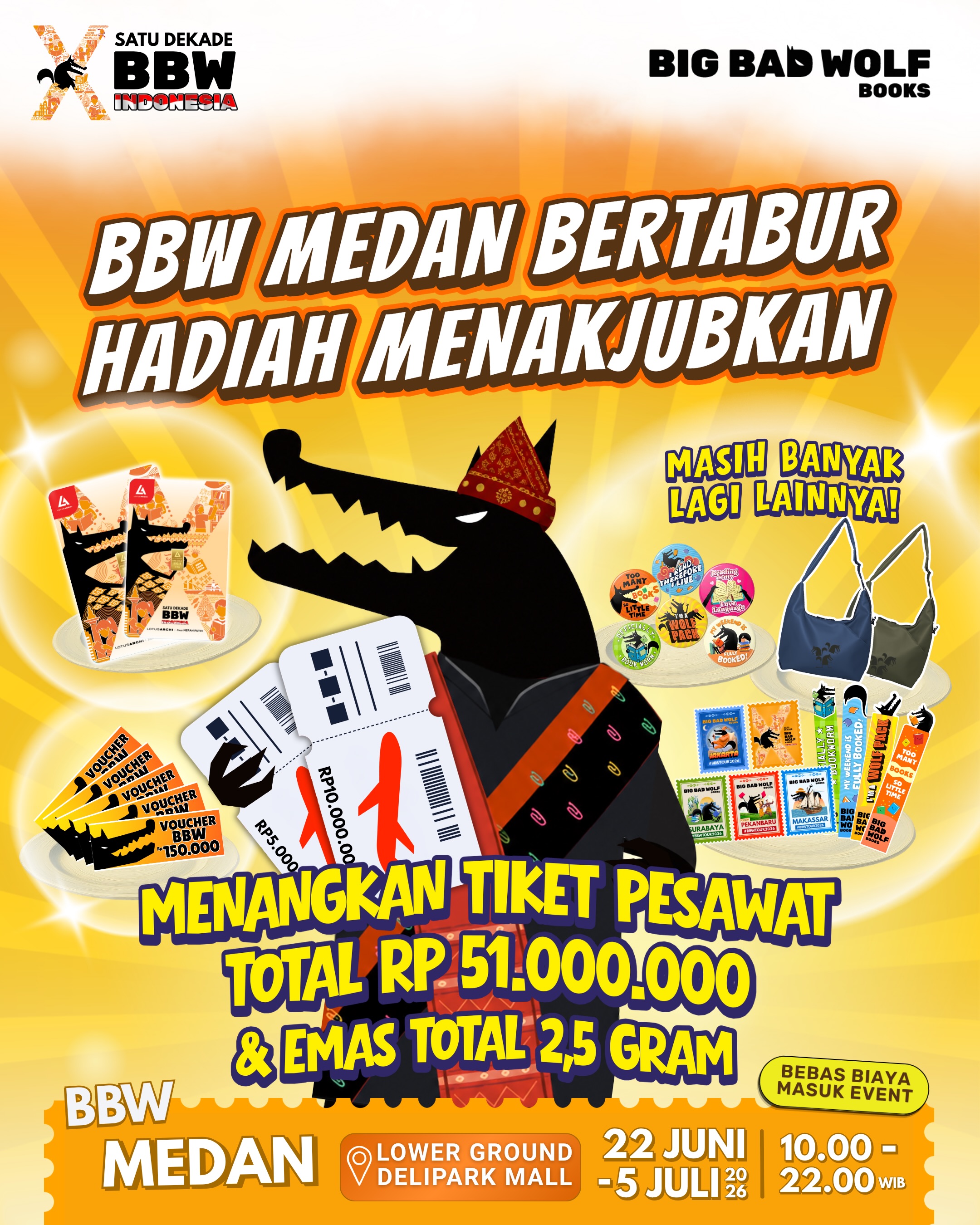 Big Bad Wolf Books Facebook ad: BISA DAPAT TIKET PESAWAT KE MANA AJA HANYAโฆ