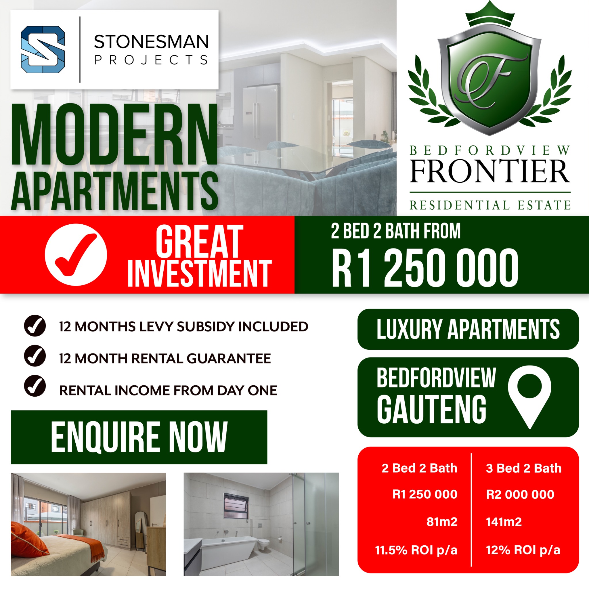 Stonesman Projects Facebook ad: Invest in Bedfordview: Luxury Apartments, High ROI