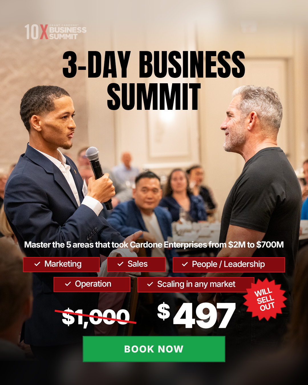 Grant Cardone Facebook ad: 5 Areas. $2M to $700M. 3 Days. $497.