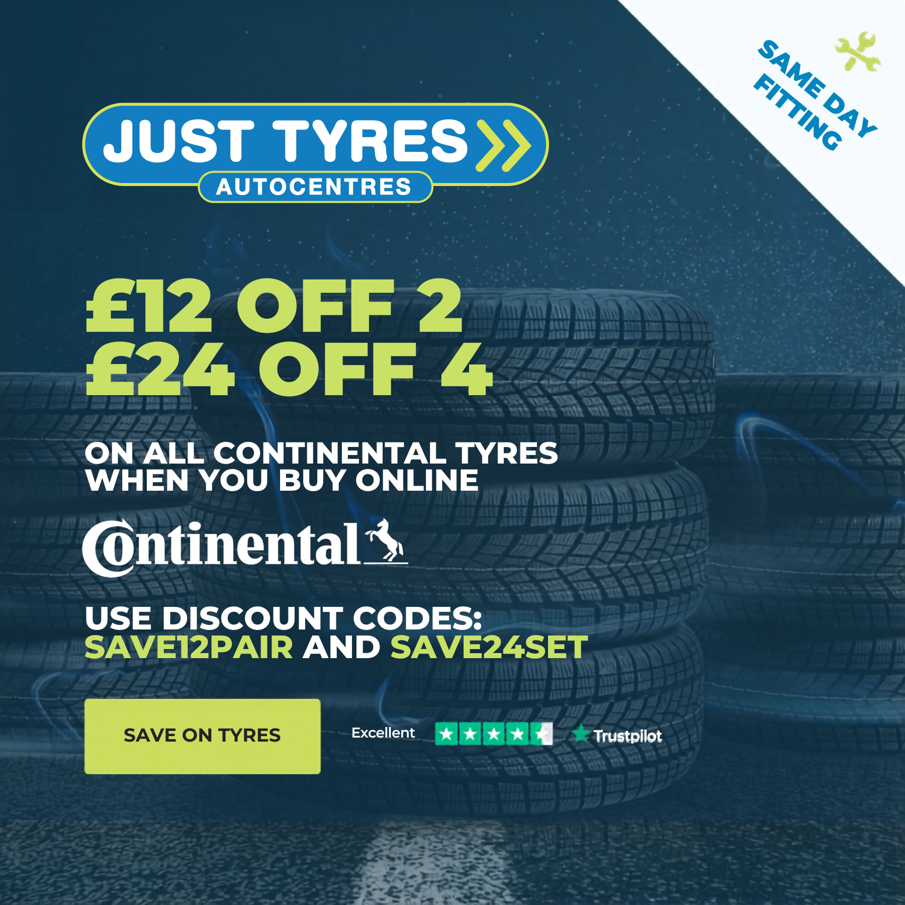 Just Tyres Facebook ad: Same Day Tyre Fitting