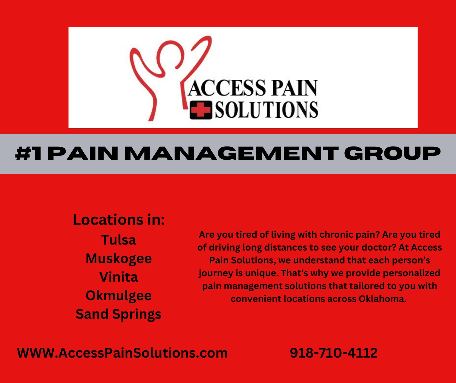 Access Pain Solutions Facebook ad: Call to schedule your new patient appointment for…