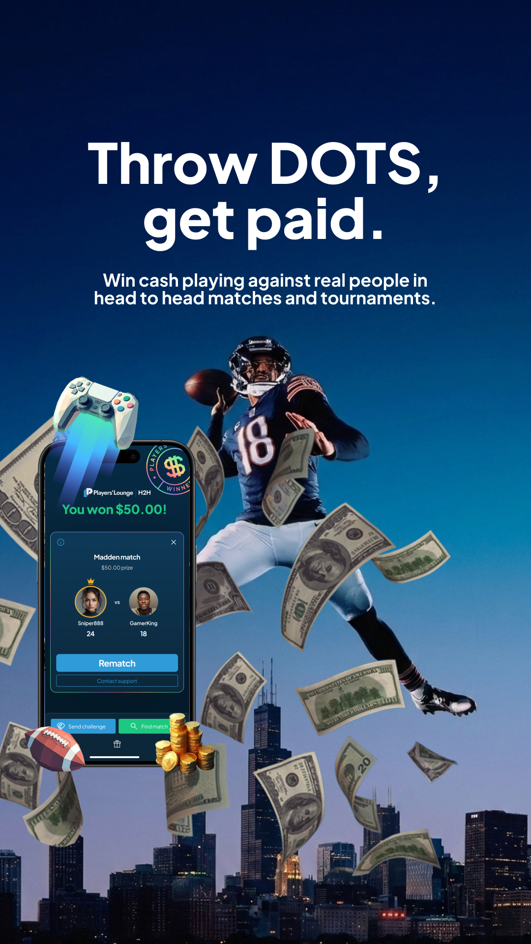 Players' Lounge Facebook ad: MADDEN 26 IS HERE: THROW DOTS, GET PAID.