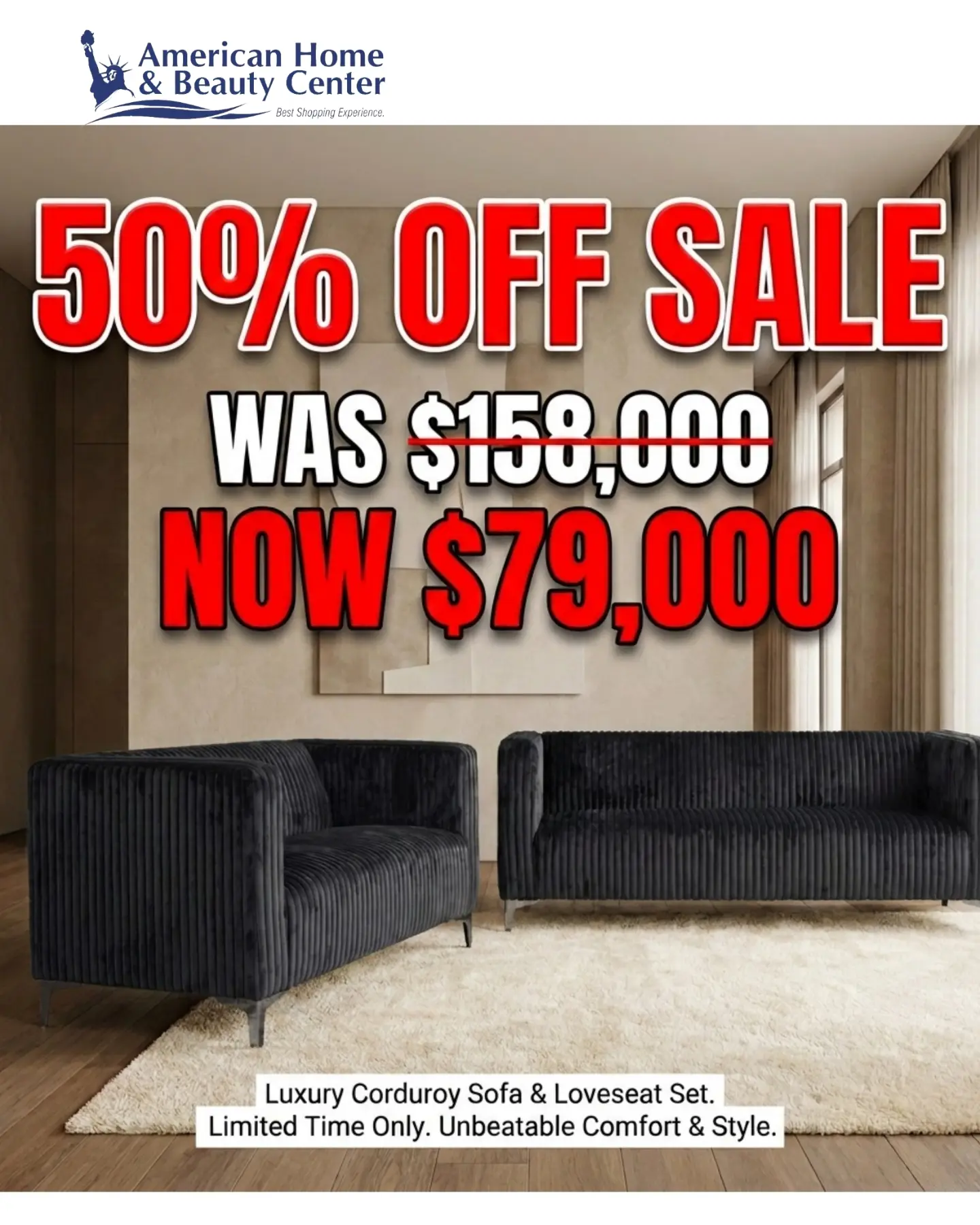 American Home and Beauty Center Facebook ad: 50% OFF the couch of your dreams!