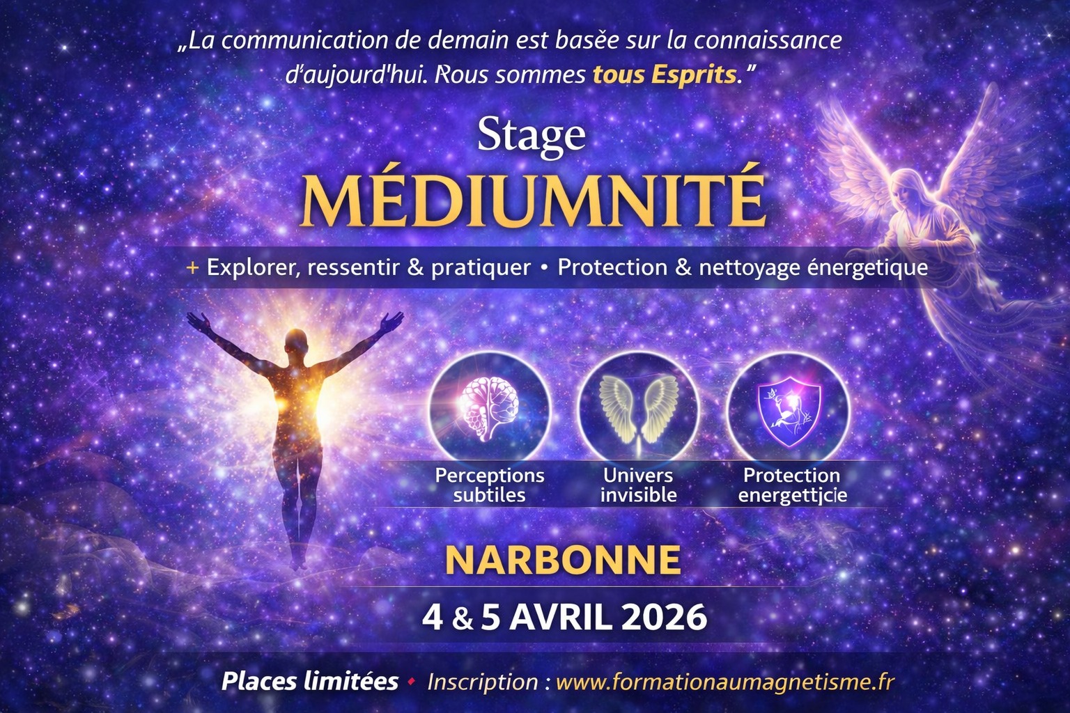 Formations La Lumière de l'Esprit par Gérald FERRY Facebook ad: Narbonne: Stage Médiumnité, Niveau 1 | 4 & 5 avril 2026