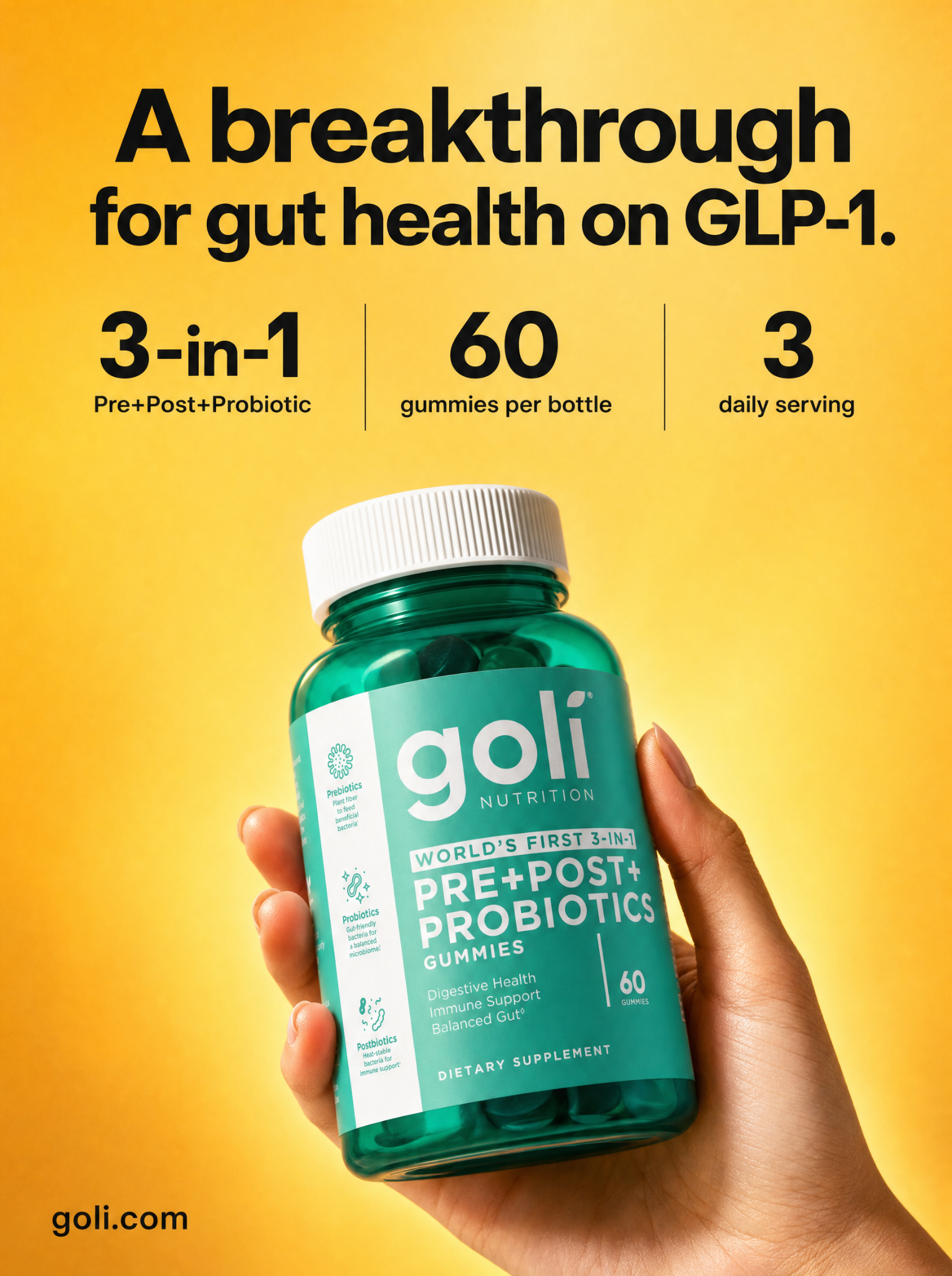 Goli Facebook ad: World's First 3 in 1 Probiotic Gummy