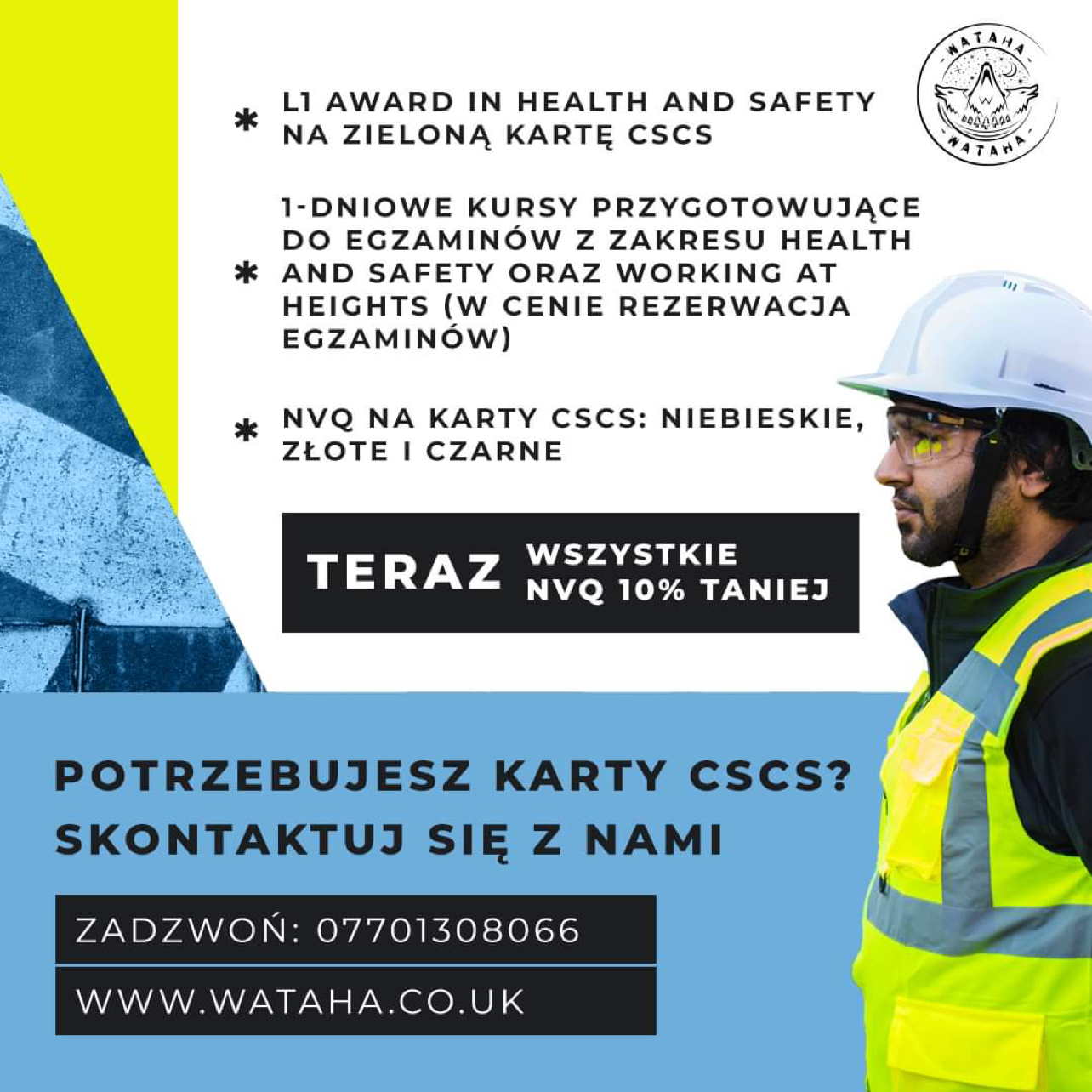 Wataha Training Facebook ad: Oferujemy NVQ kwalifikacje od Level 2 do 7…
