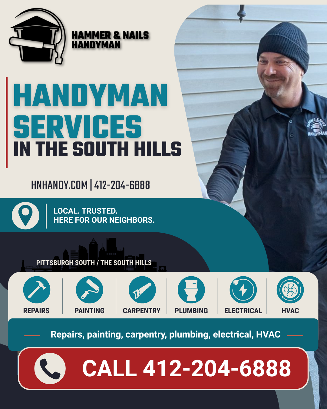 Hammer & Nails Handyman Pittsburgh South Facebook ad: South Hills Handyman Services
