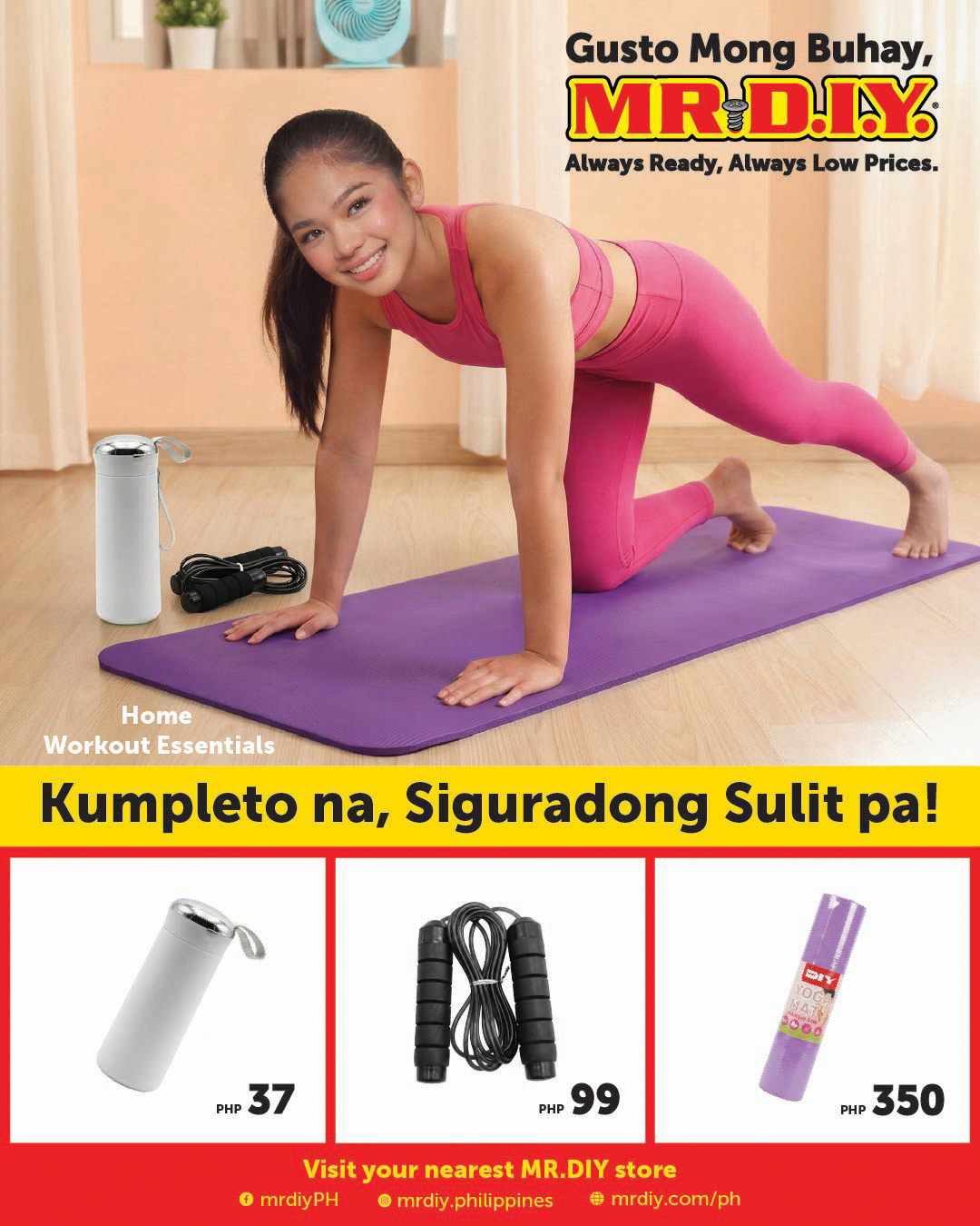 MR DIY Facebook ad: Home workout essentials-from yoga mats, ropes, to water…