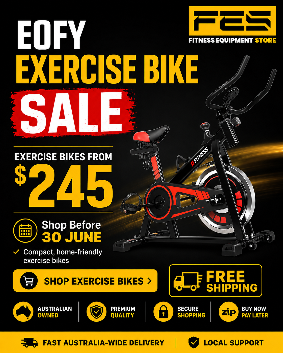 Fitness Equipment Store Facebook ad: EOFY Exercise Bikes From $245