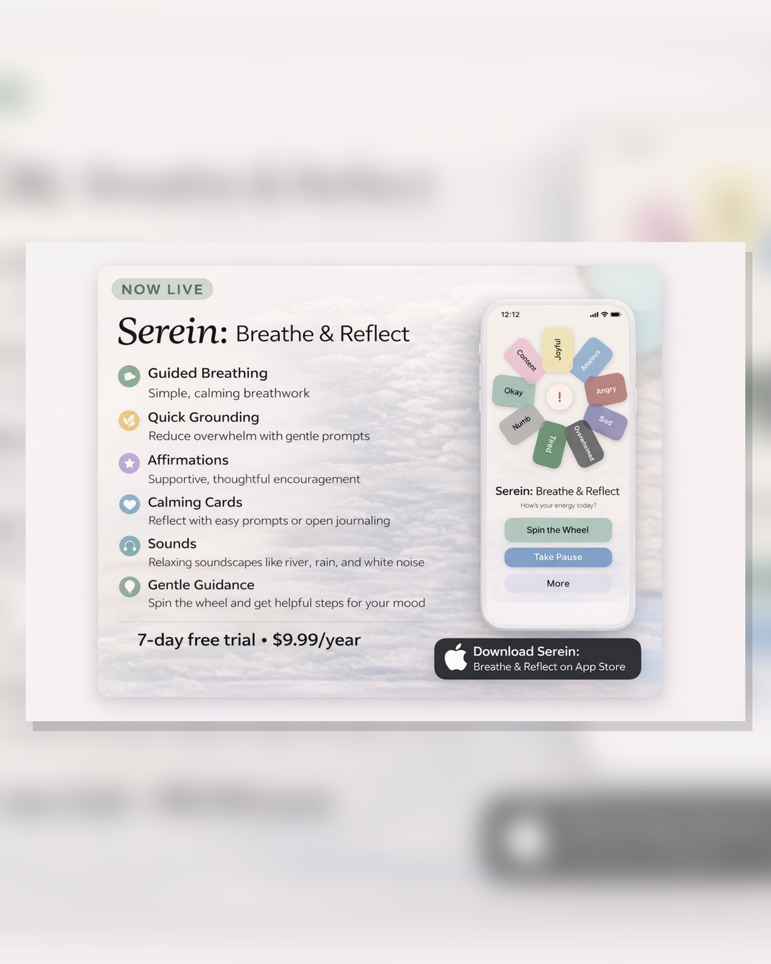 serein.breathe.reflect Facebook ad: When life feels loud, take a moment for…