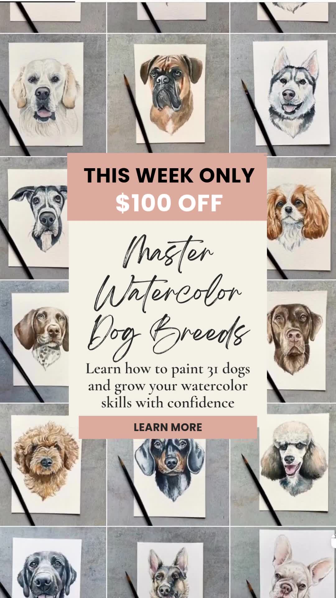 Windswept Design Studio Facebook ad: $100 off! Master Watercolor Dog Breeds